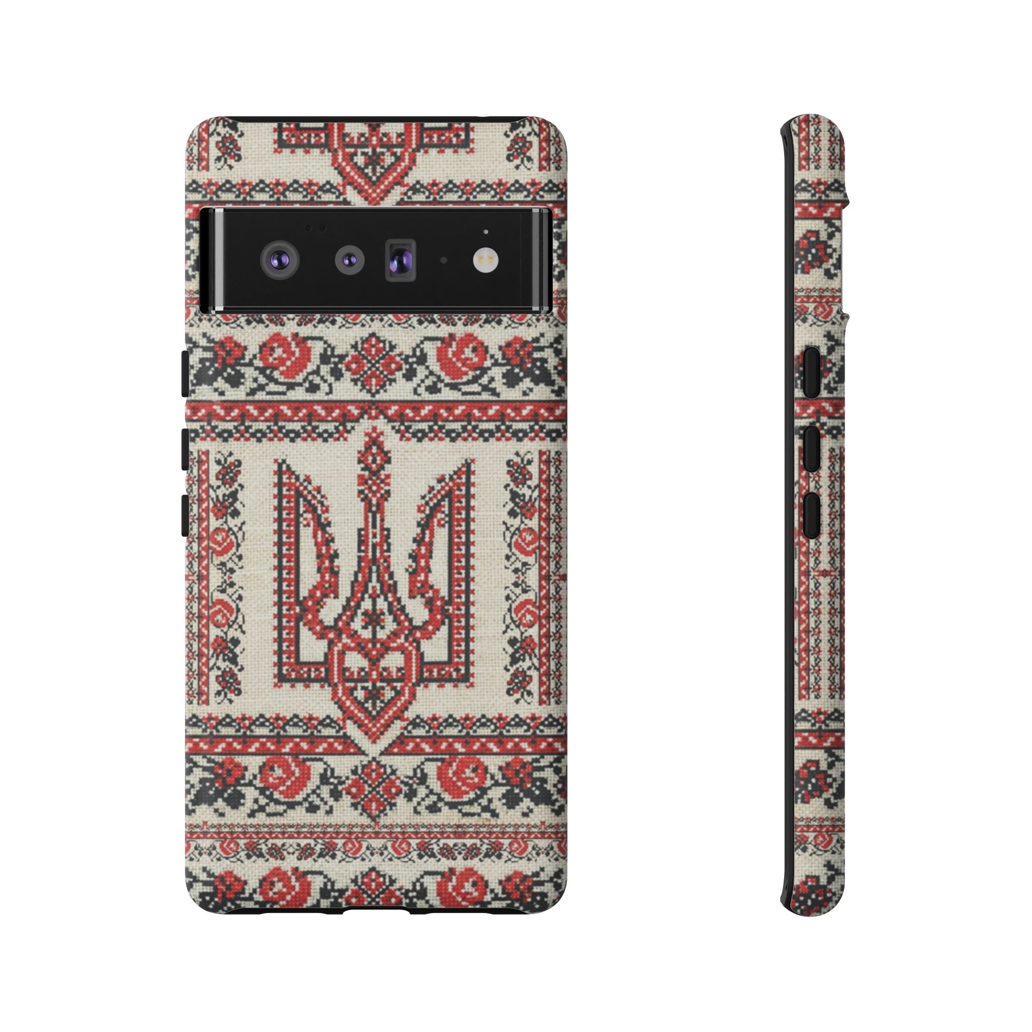 Ukrainian Trident Embroidery Phone Case • Red Black Trident Pattern • Protective Folk Art Cover for iPhone & Samsung