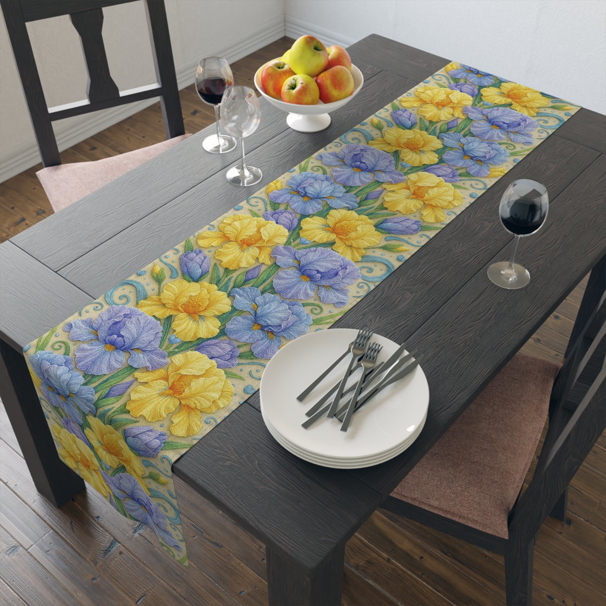 BLUESKYDEZIGN | Yellow and Lavender Iris Floral Table Runner | Spring Dining Decor | Modern Farmhouse | Cotton or Polyester Gift