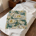 Petrykivka Bloom Blanket – White Peony Velvet Plush Throw, Sage Green Cottagecore