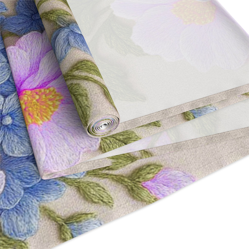 Pink Cosmos and Blue Hydrangea Table Runner, Floral Table Decor, Alexandra Bloom Collection, Cotton Twill or Polyester Dining Runner