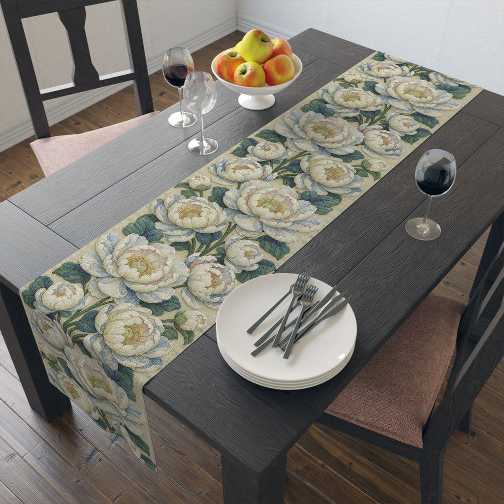 Petrykivka Bloom Table Runner – White Peony Floral, Sage Green, Cotton or Polyester