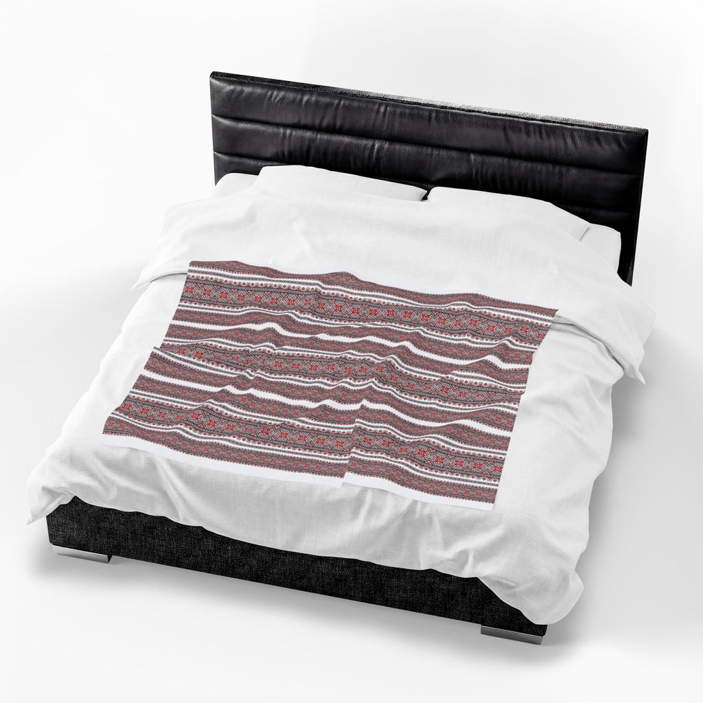 Velvet Plush Ukrainian Blanket, Red Black Folk Pattern, Soft Cozy Throw in 3 Sizes, Traditional Slavic Geometric Design