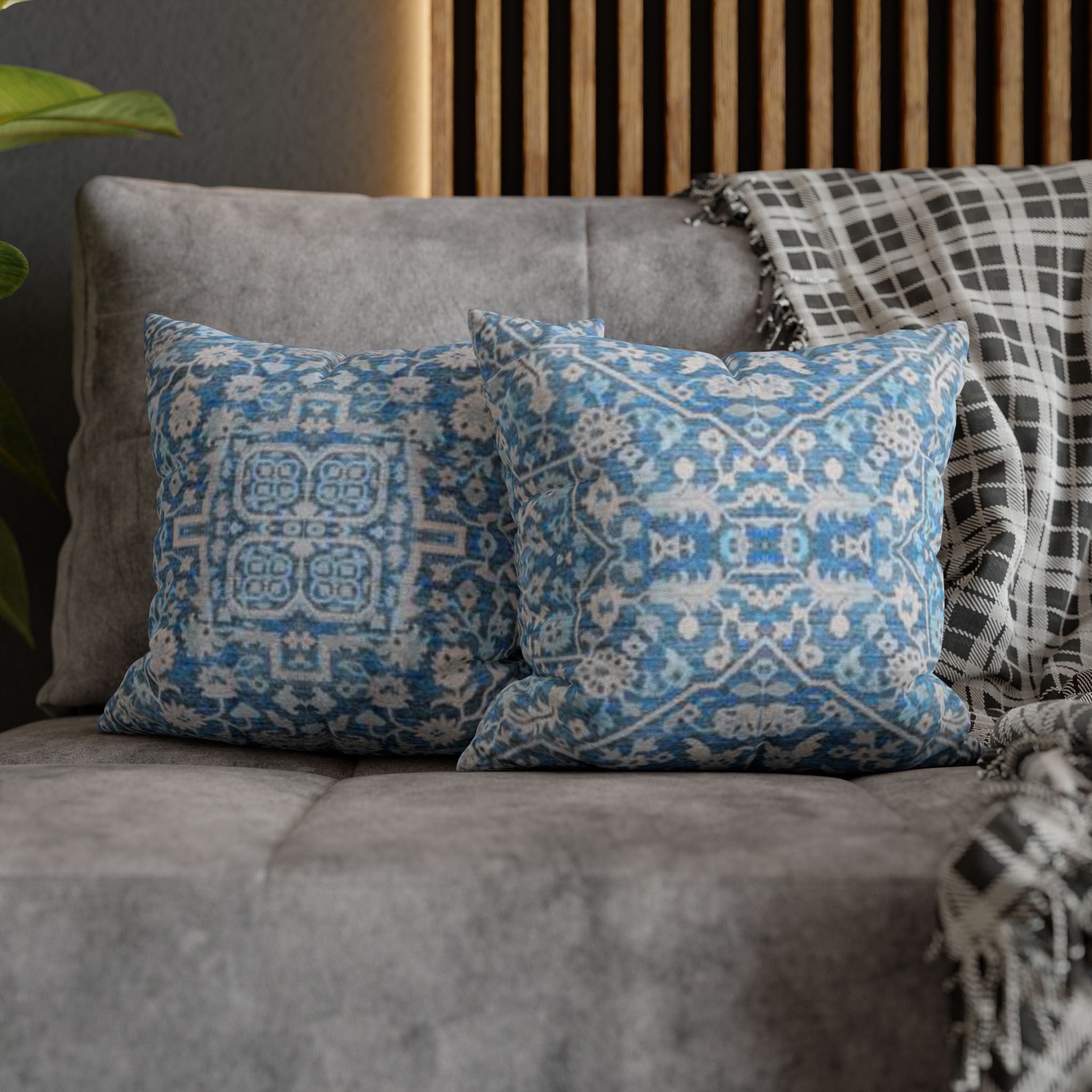 BLUESKYDEZIGN Grandmother's Heritage Pillow Cover - Blue Ikat Floral, Boho Modern Rustic Cushion