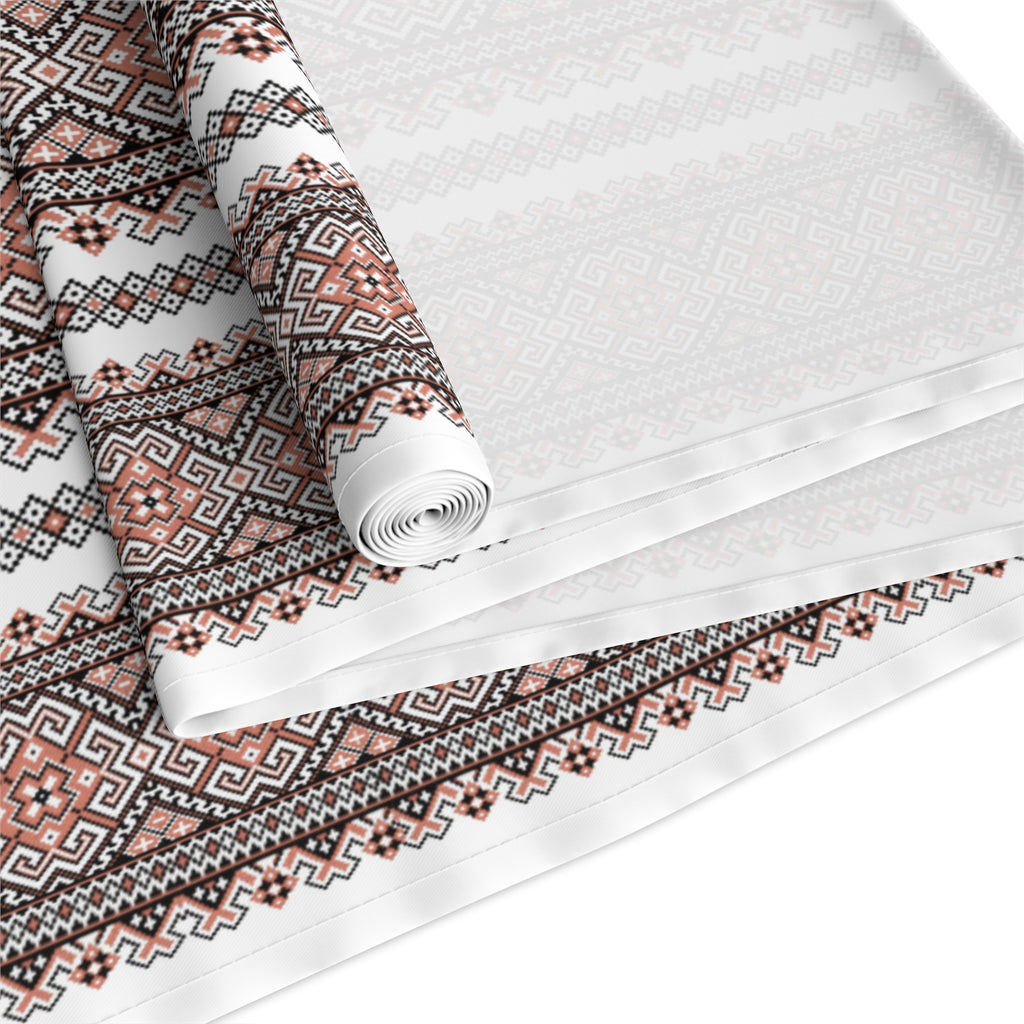 Stasia Red Folk Art Table Runner | Ukrainian Heritage Red & Black Geometric Linen