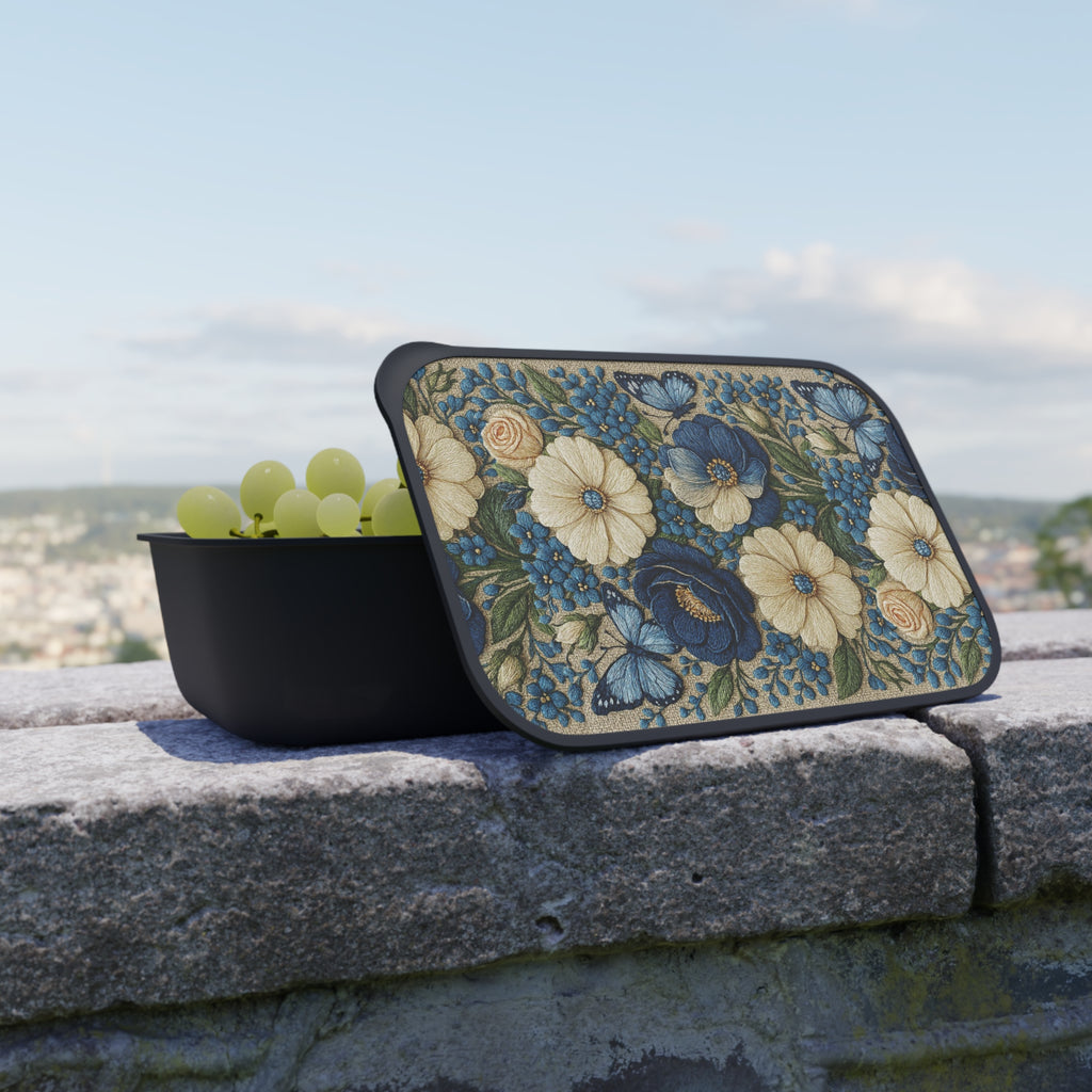 Wild Beauty Floral Bento Box | Blue Cream Botanical Lunch Box | Eco-Friendly PLA with Utensils