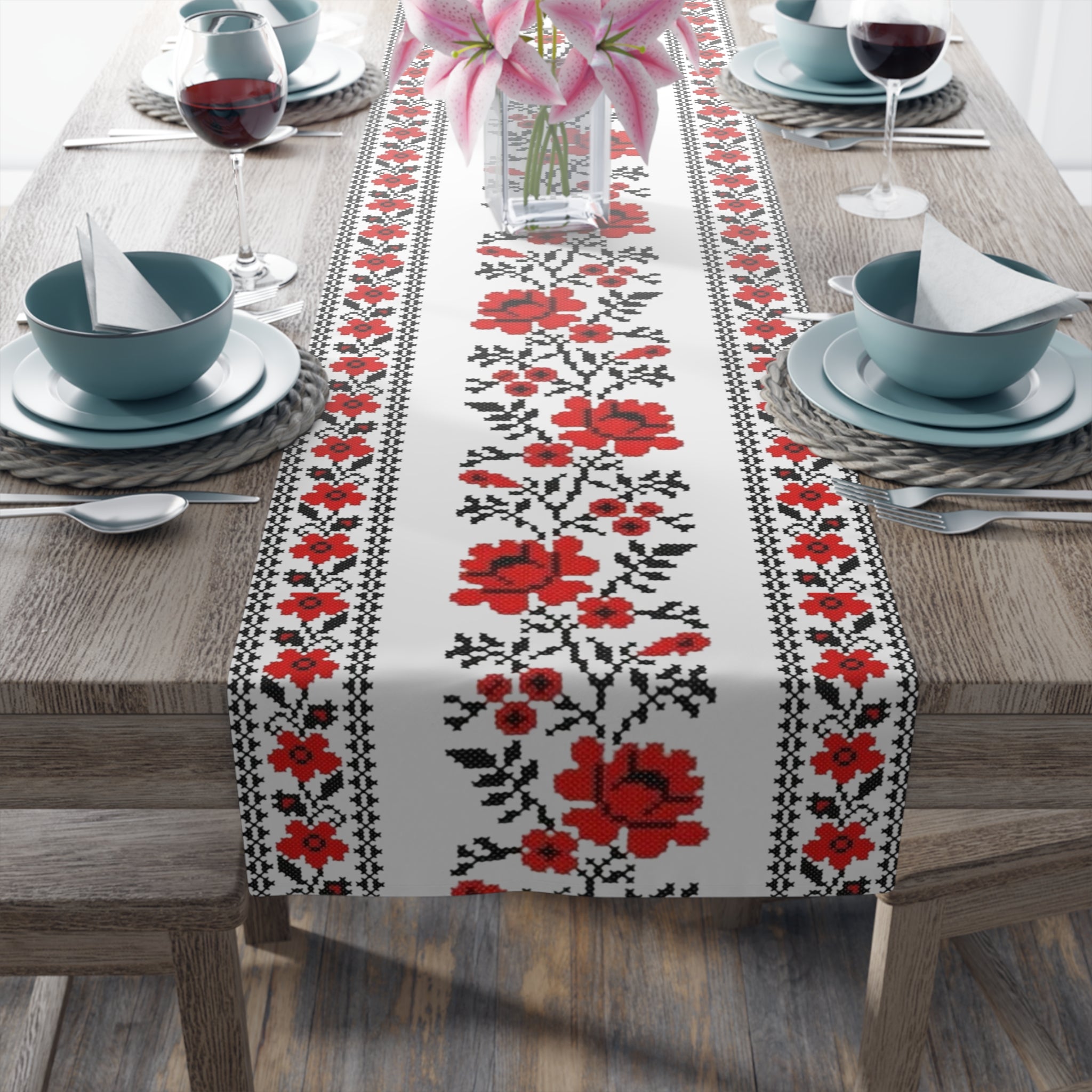 BLUESKYDEZIGN Ukrainian Traditional Table Runner - Red Black Folk Art