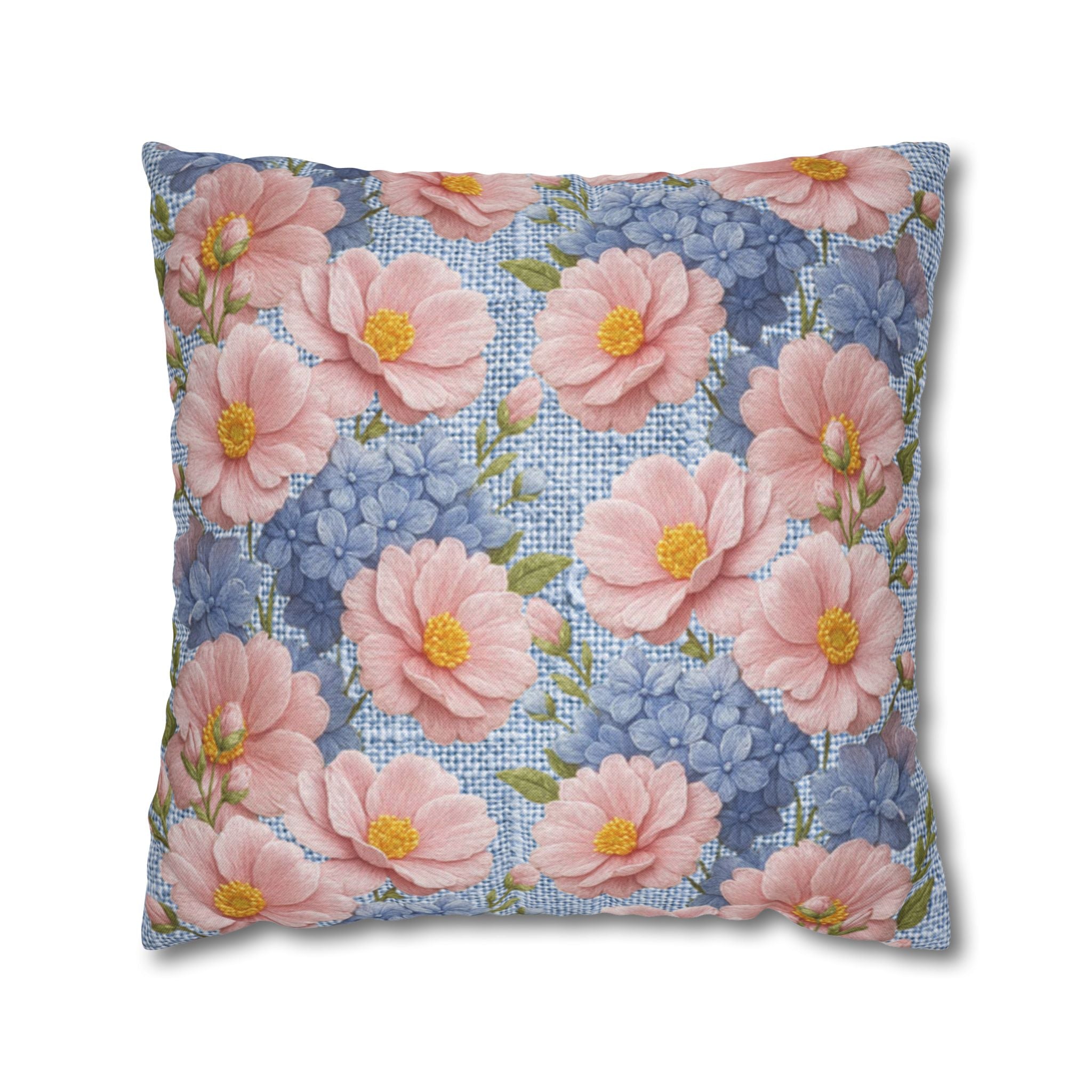 Blush Peony & Blue Hydrangea Pillow Case | Soft Provence Floral Cushion Cover