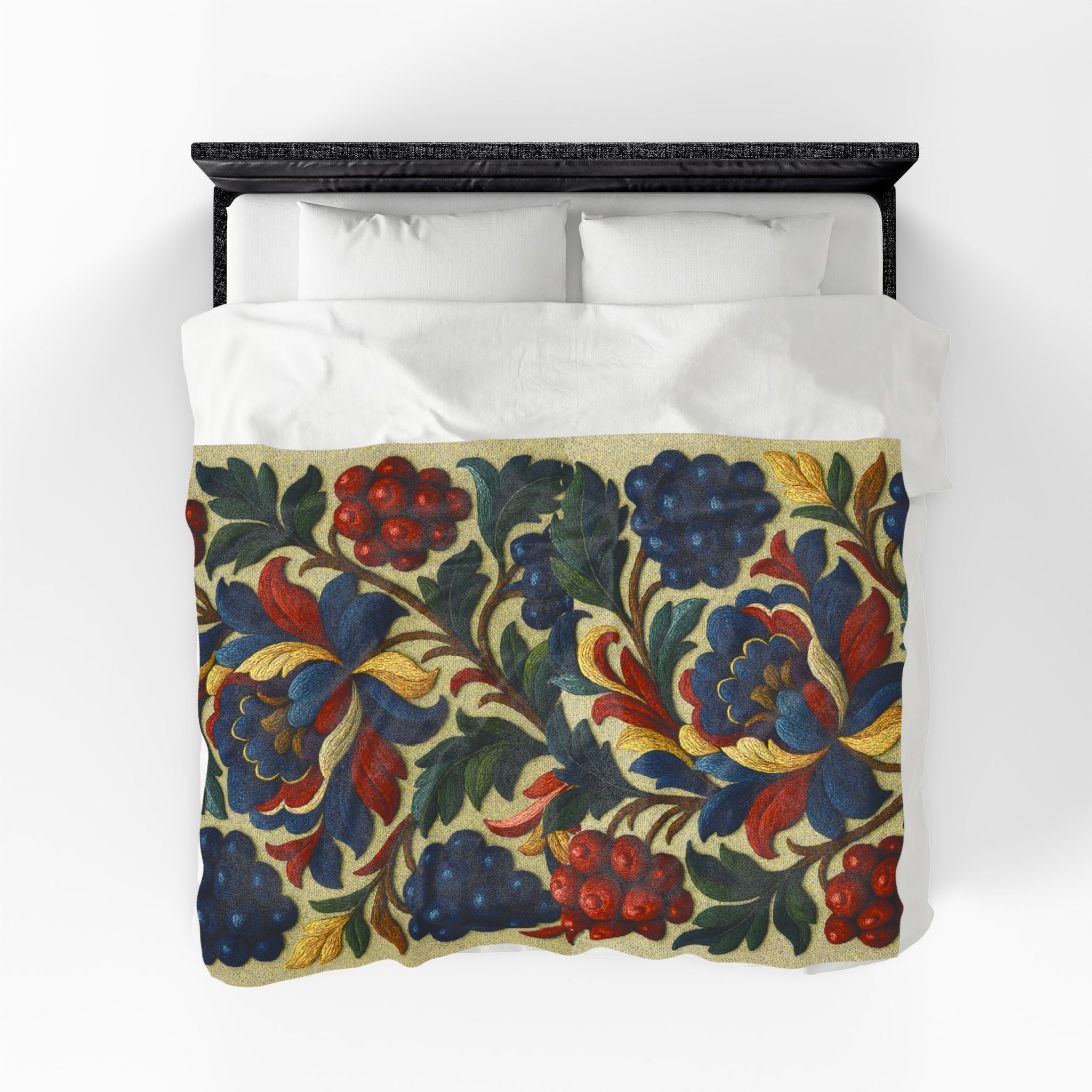 BLUESKYDEZIGN | Petrykivka Bloom Velveteen Blanket | Ukrainian Folk Art Floral Throw | Vintage Botanical Plush | Cottagecore Gift
