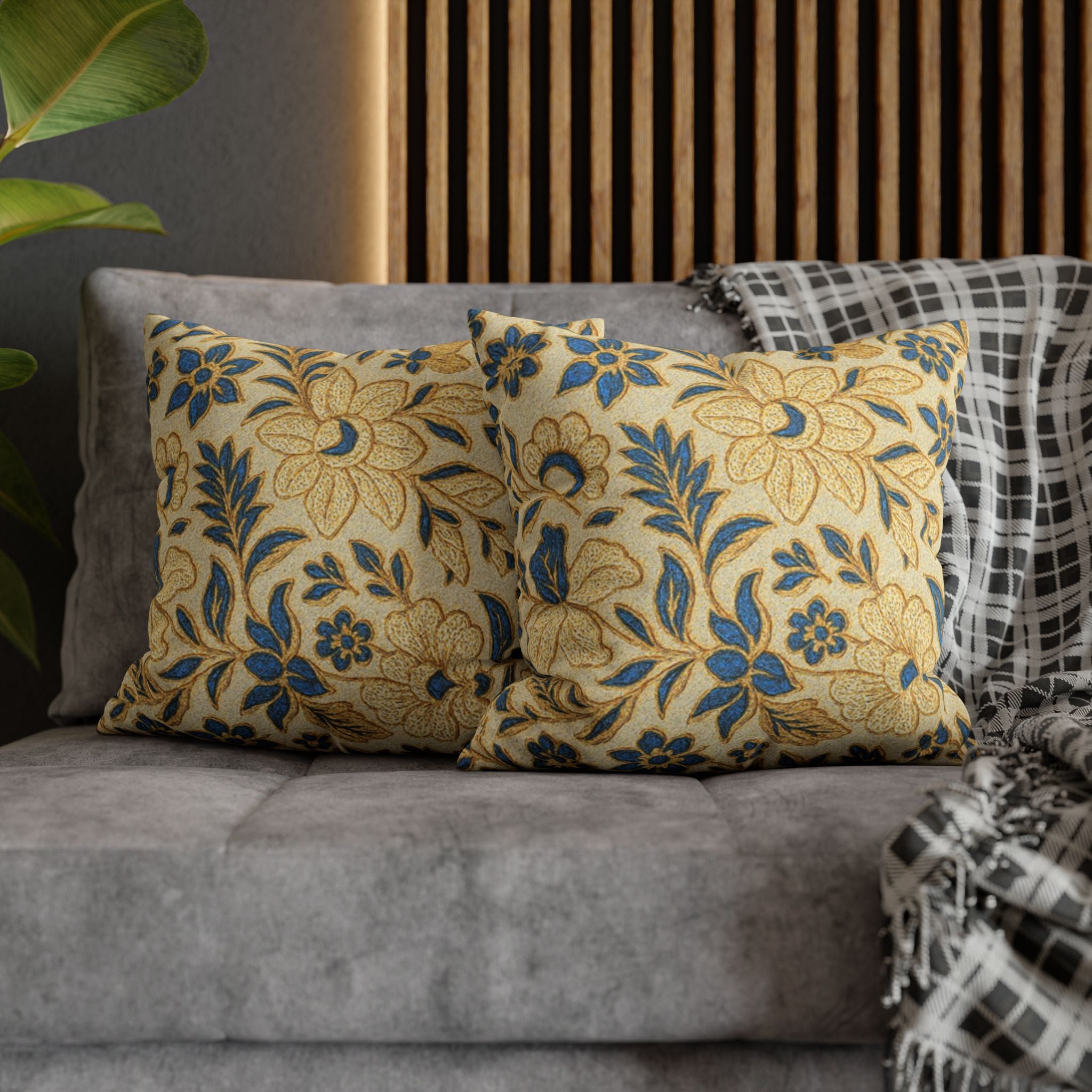 Floral Vintage Pillow Cover | Gold & Teal Botanical Print | Shabby Chic Cushion Cover 4 Sizes