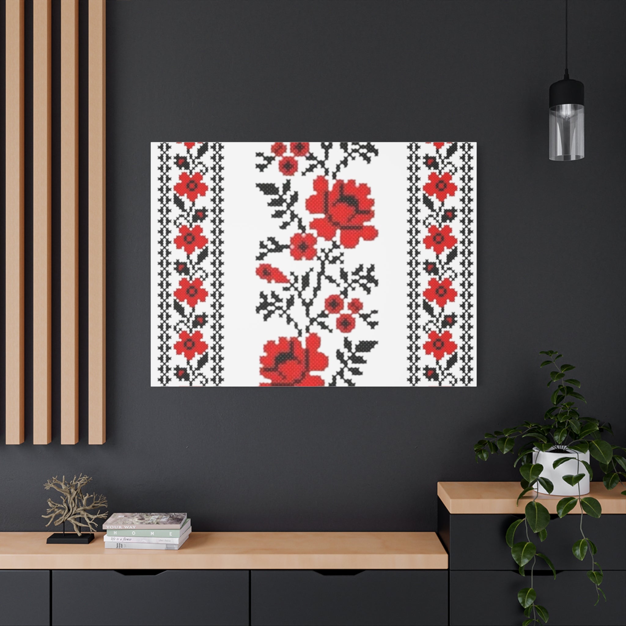 Ukrainian Embroidery Wall Art, Red Black Folk Floral Pattern, Traditional Slavic Home Decor Canvas for Living Room or Entryway, Matte Print, Stretched 1.25" Ready to Hang