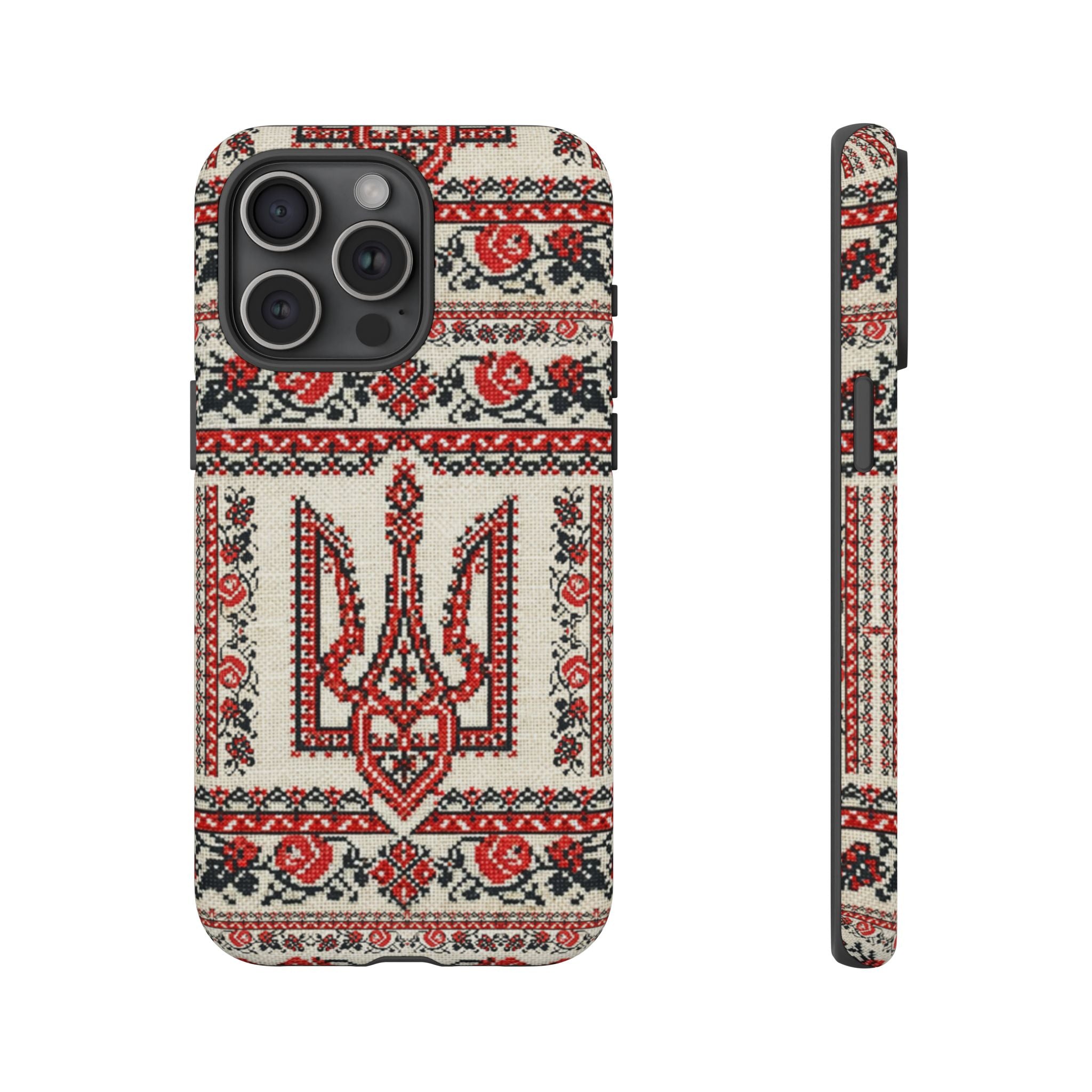 Ukrainian Trident Embroidery Phone Case • Red Black Trident Pattern • Protective Folk Art Cover for iPhone & Samsung