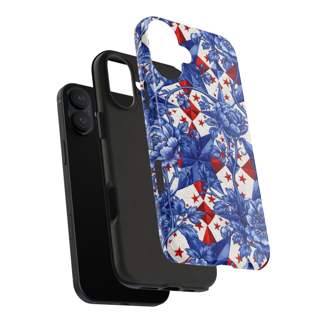 BLUESKYDEZIGN | America 250th Anniversary Phone Case | Blue Toile Floral Patriotic Star Patchwork iPhone Cover