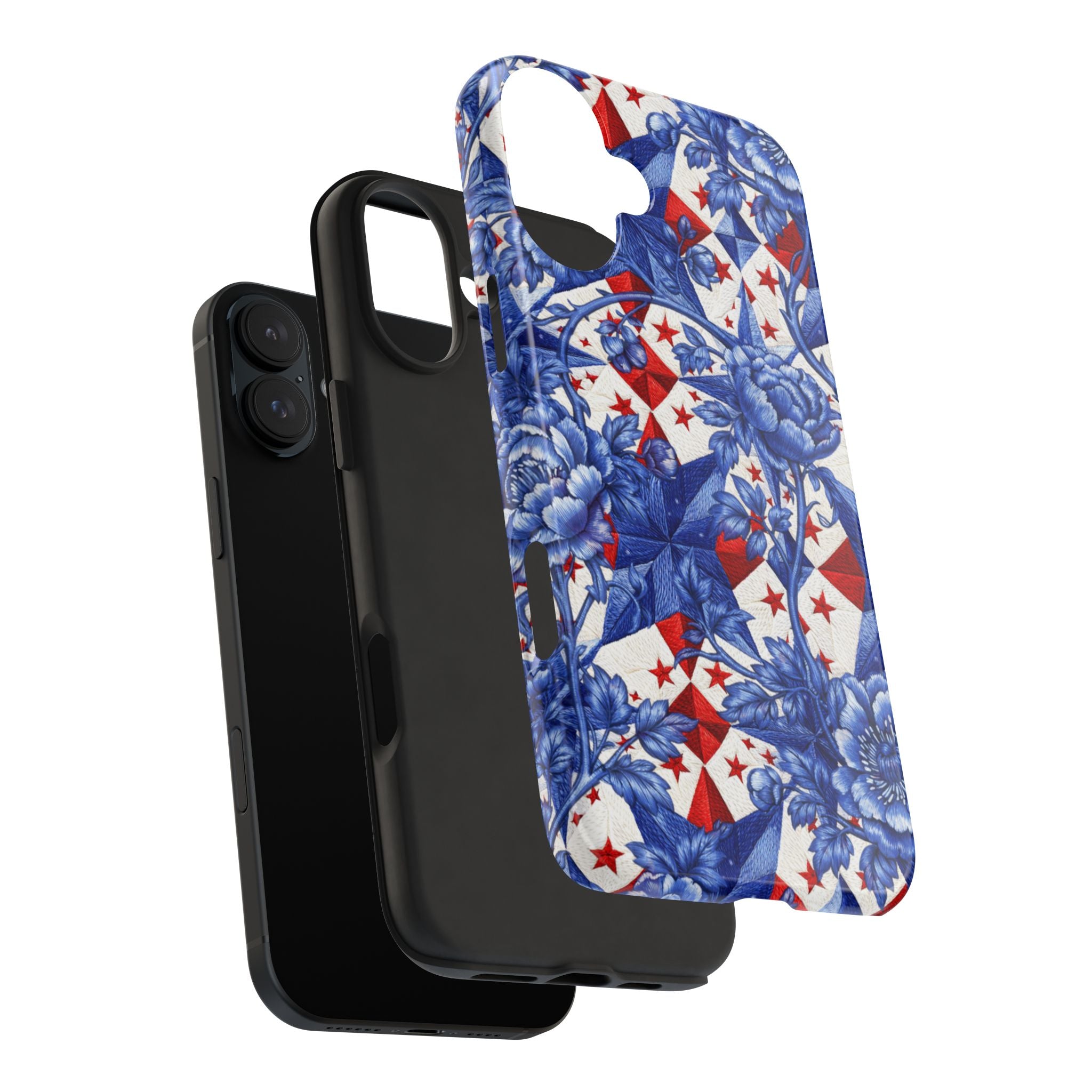 BLUESKYDEZIGN | America 250th Anniversary Phone Case | Blue Toile Floral Patriotic Star Patchwork iPhone Cover
