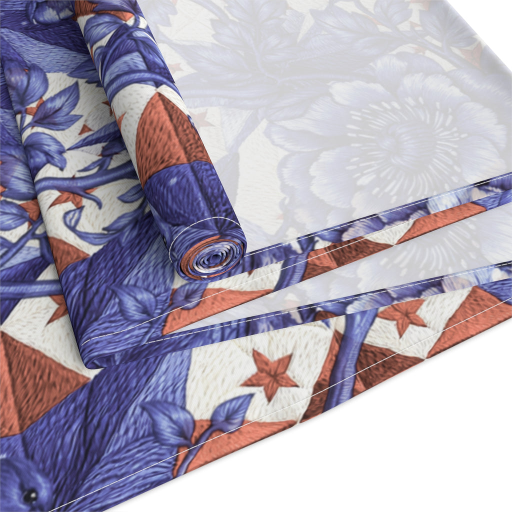 America 250th Anniversary Table Runner - Blue Toile-Inspired Floral & Patriotic Stars Patchwork Decor