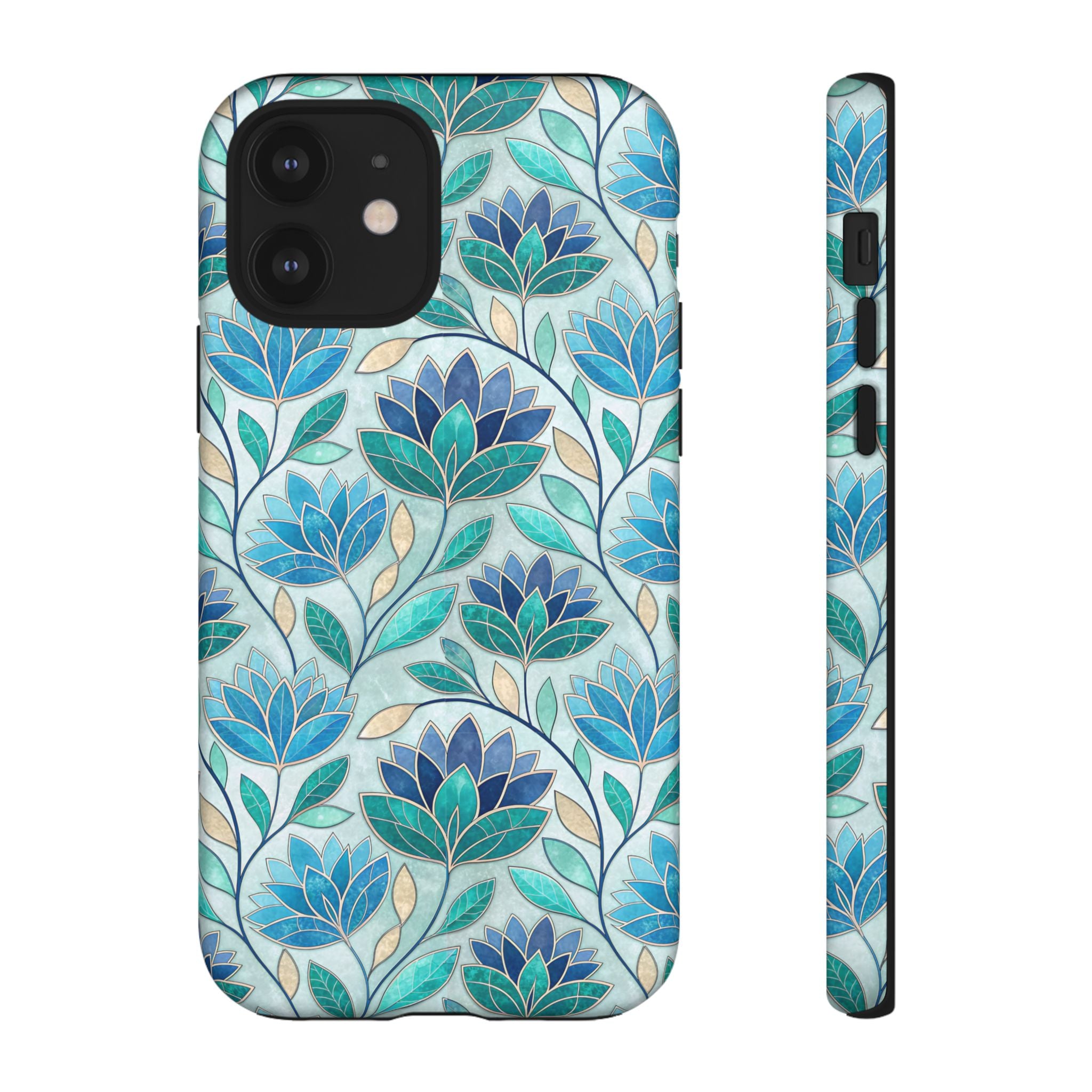 Mosaic iPhone Case, Stained Glass Floral Phone Cover, Teal Blue Protective Case, Matte Glossy Options, Artistic Mosaic Pattern