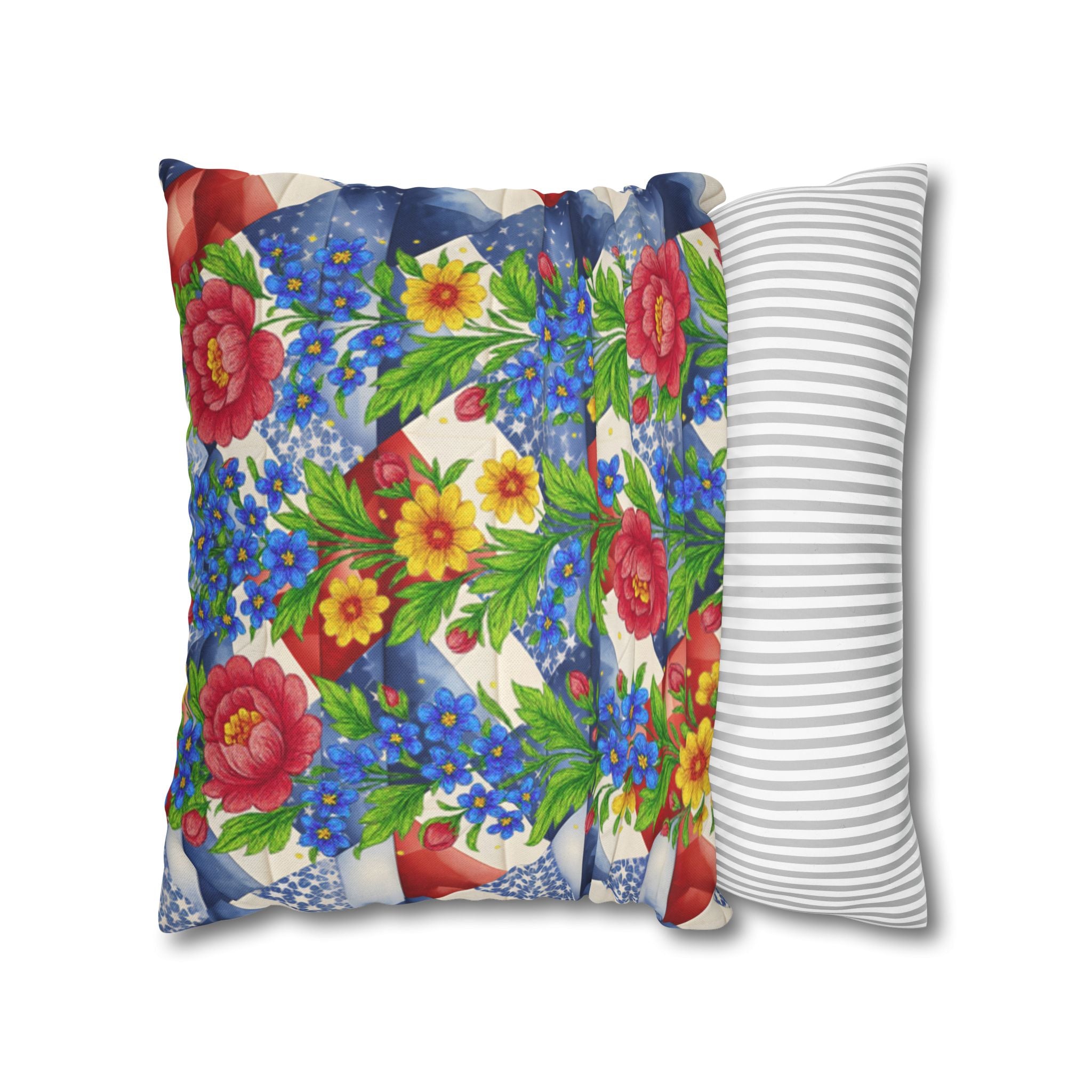 American Cozy Floral Pillowcase - Patriotic Blue Geometric & Rose Throw Pillow Cover