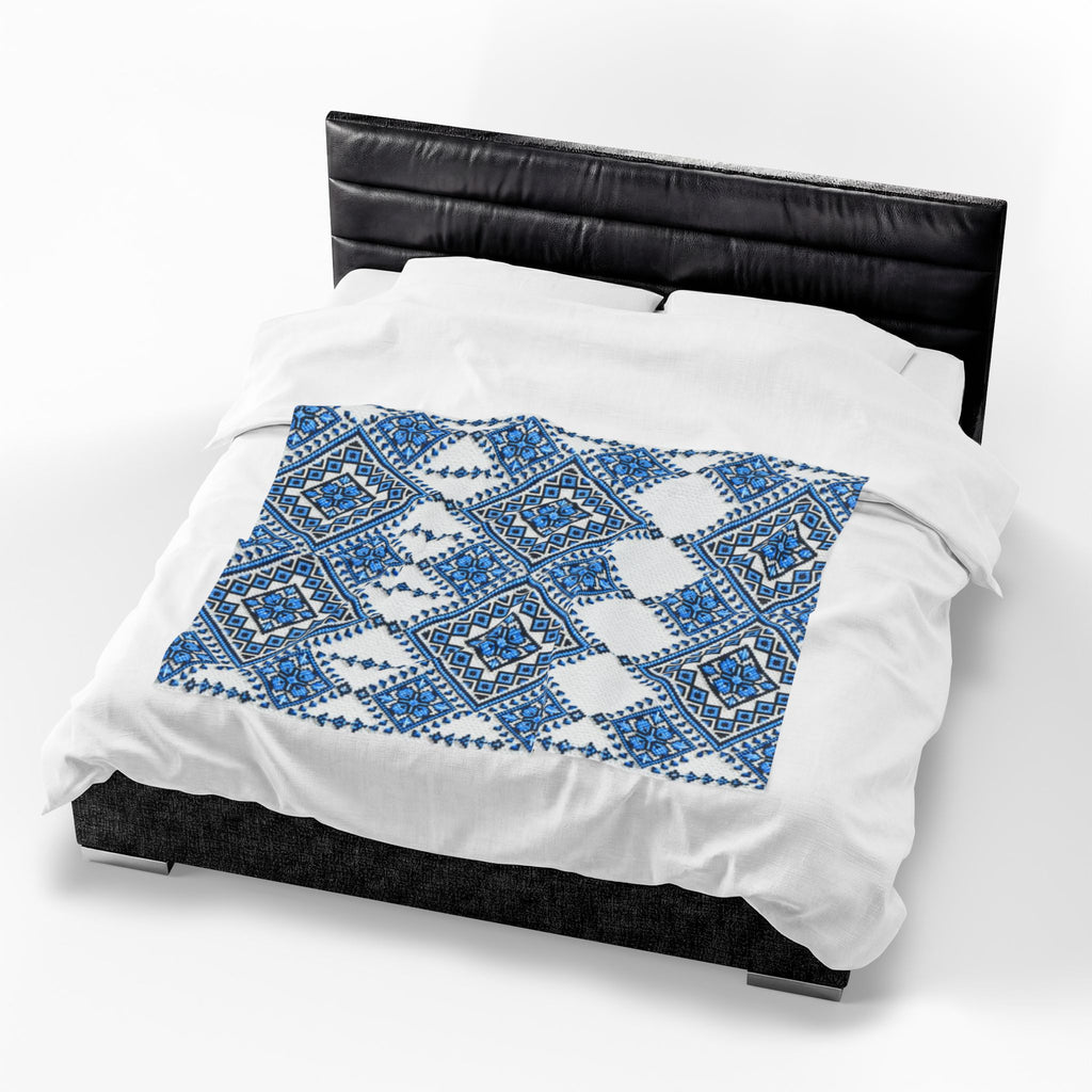 Blue Sky Folk Art Velveteen Plush Blanket | Ukrainian Heritage Geometric Throw
