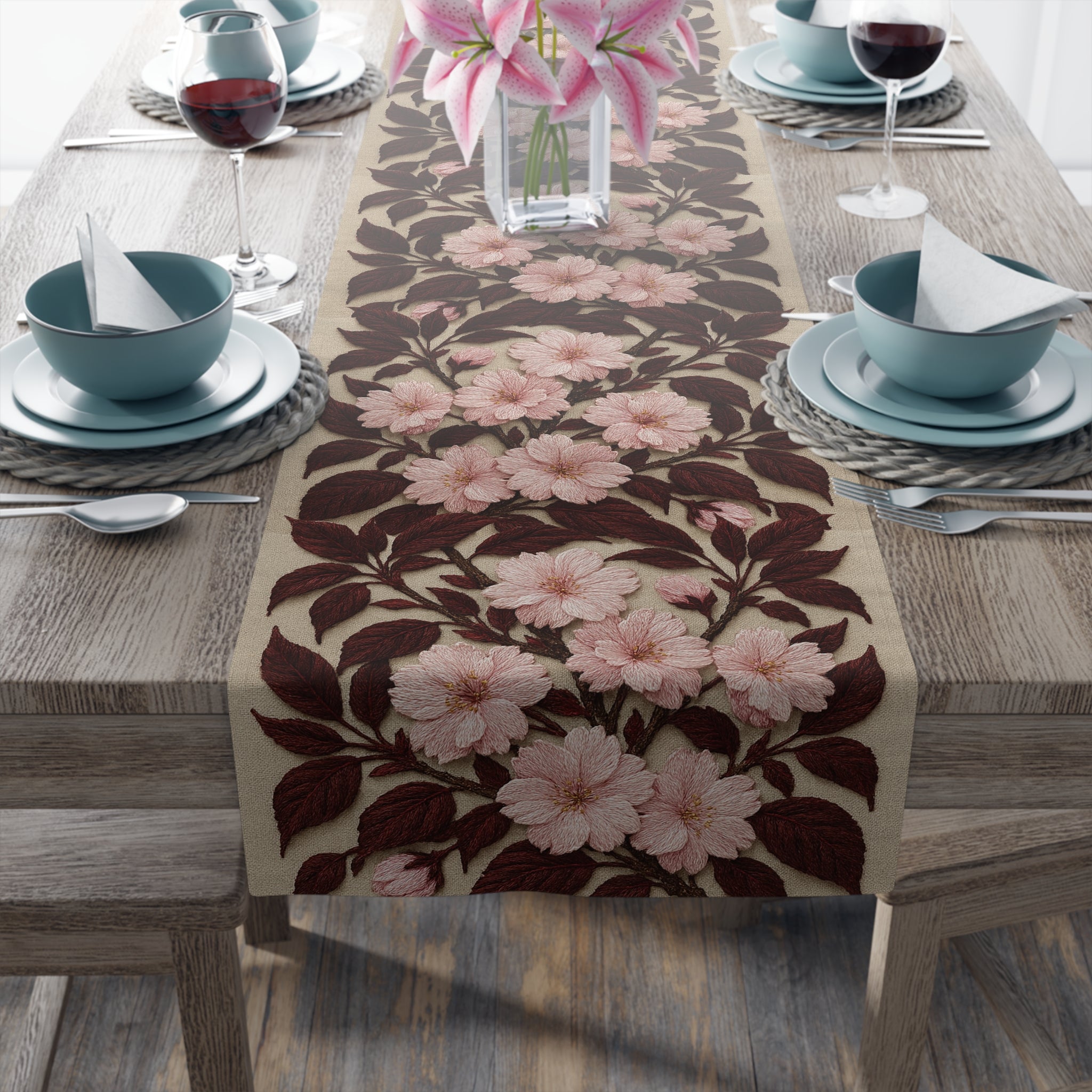Sakura Noir Table Runner — Pink Cherry Blossom Floral Vine | Cotton & Polyester