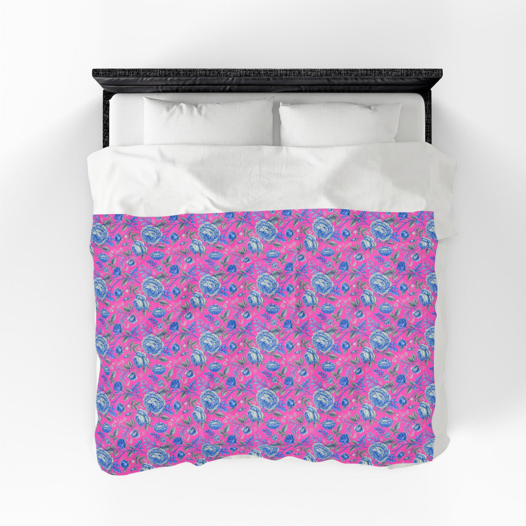 Pink & Blue Floral Velveteen Throw Blanket | Soft Plush Cozy Bedding