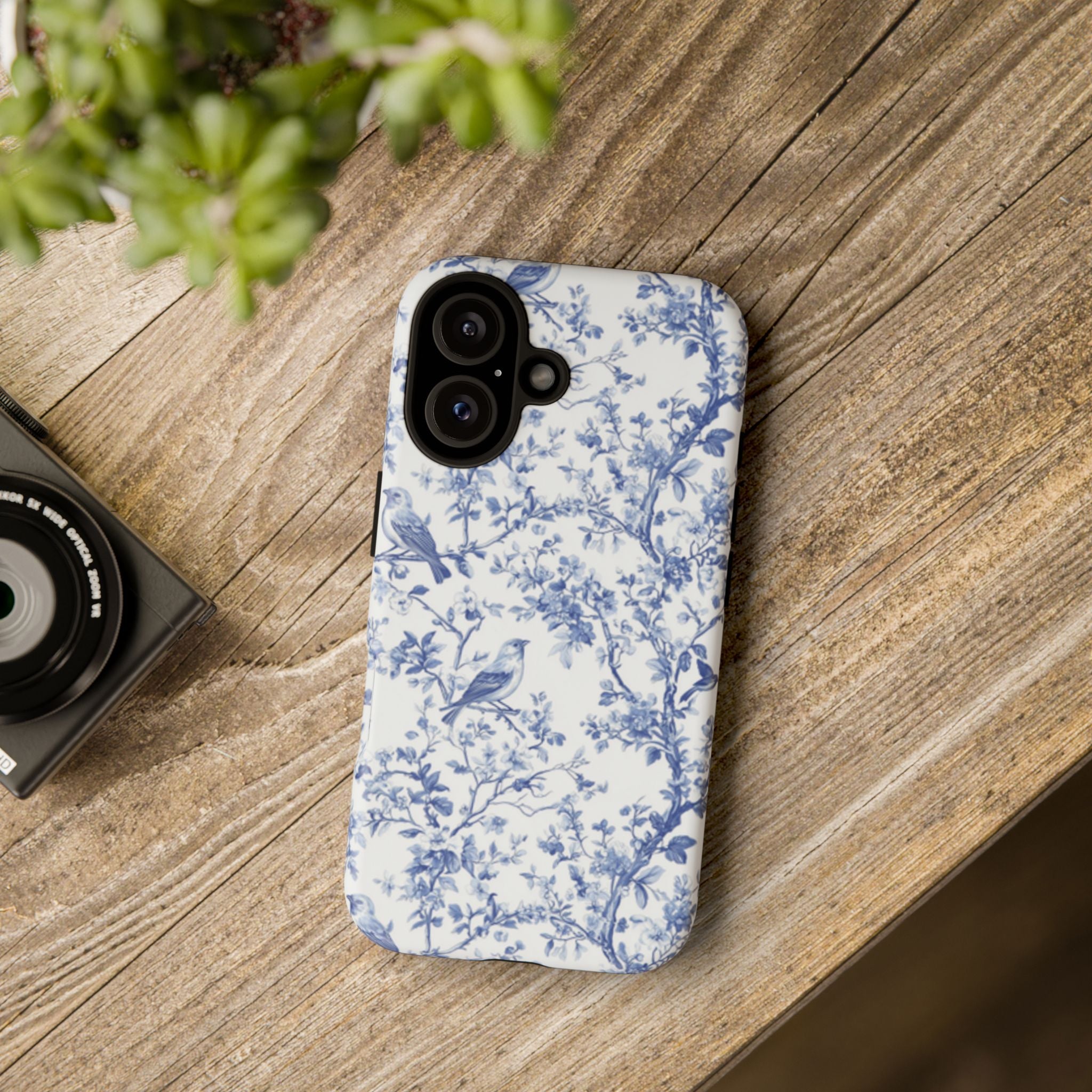 Blue Floral Vine Phone Case, Toile-inspired romantic floral Marbleized Branch Pattern