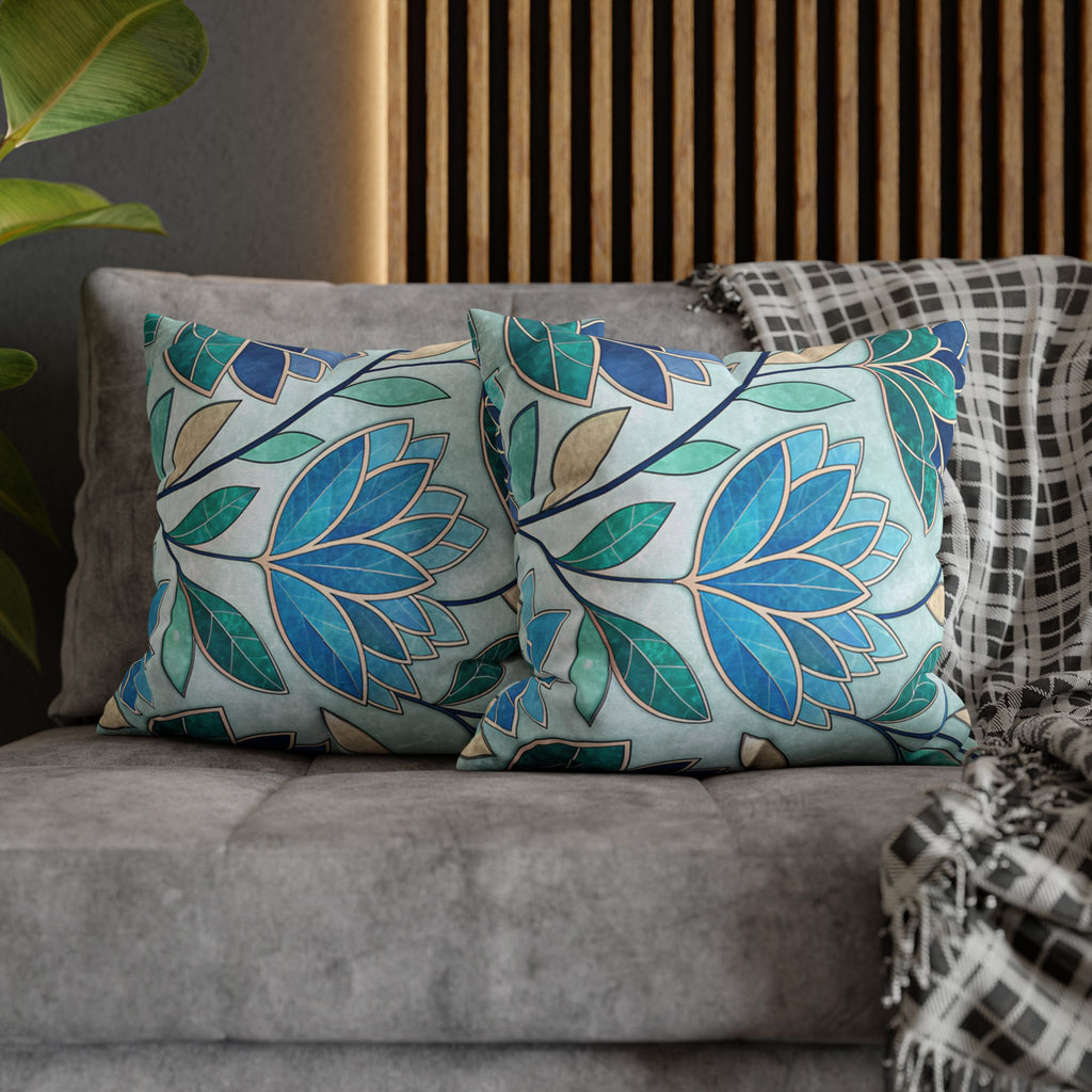Mosaic Pillowcase 1piece, Stained Glass Style Floral Cushion Covers, Teal Blue Decorative Polyester Throw Pillowcases
