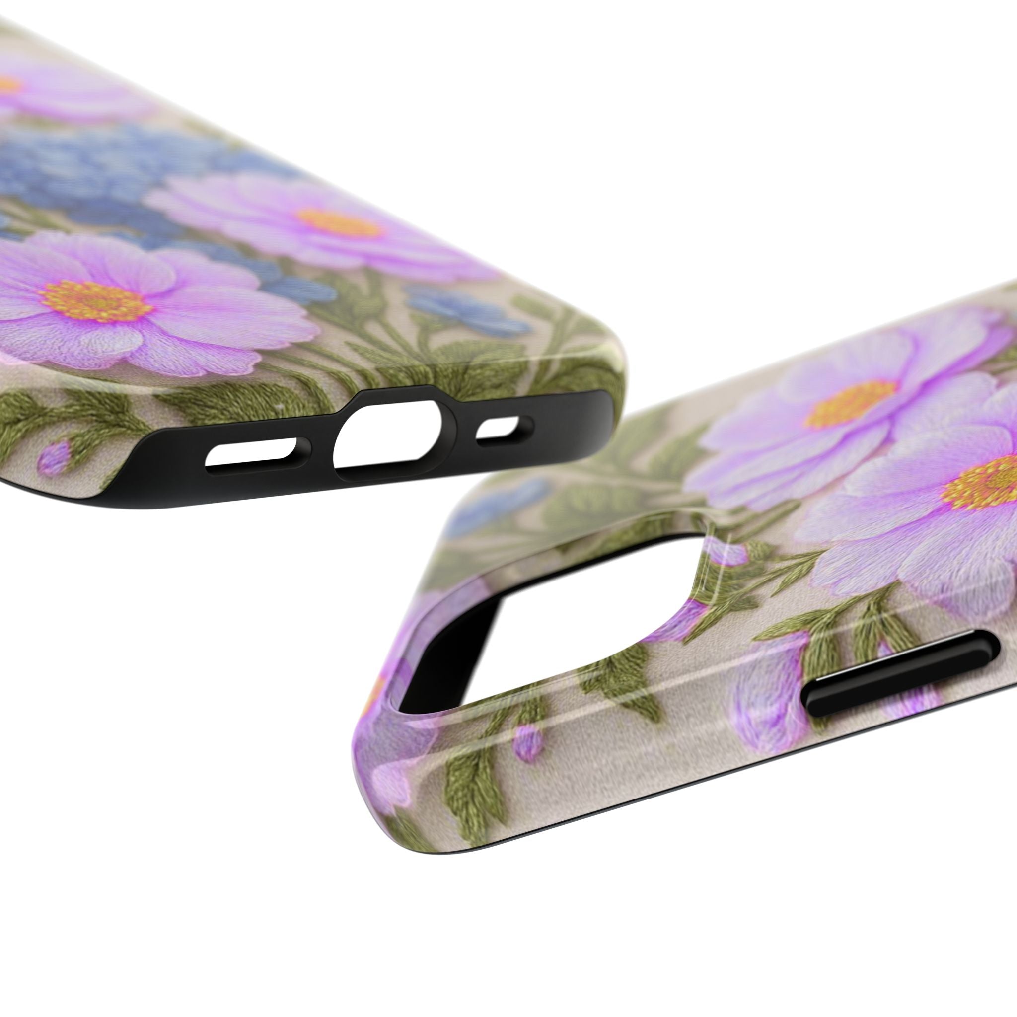 Pink Cosmos and Blue Hydrangea Phone Case, Alexandra Bloom Collection, Tough Floral iPhone and Samsung Cover, Vintage Protective Case