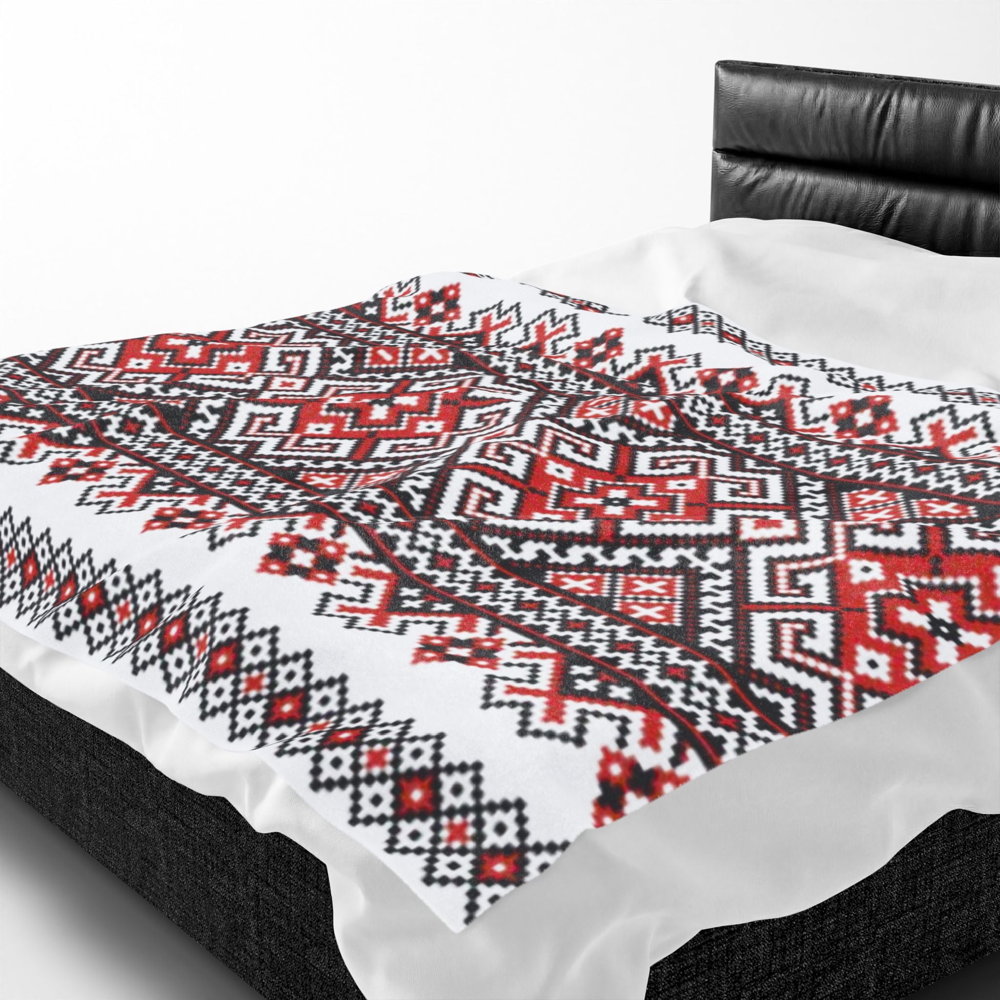 Stasia Red Blanket – Ukrainian Folk Art Velvet Plush Throw, Red & Black Geometric