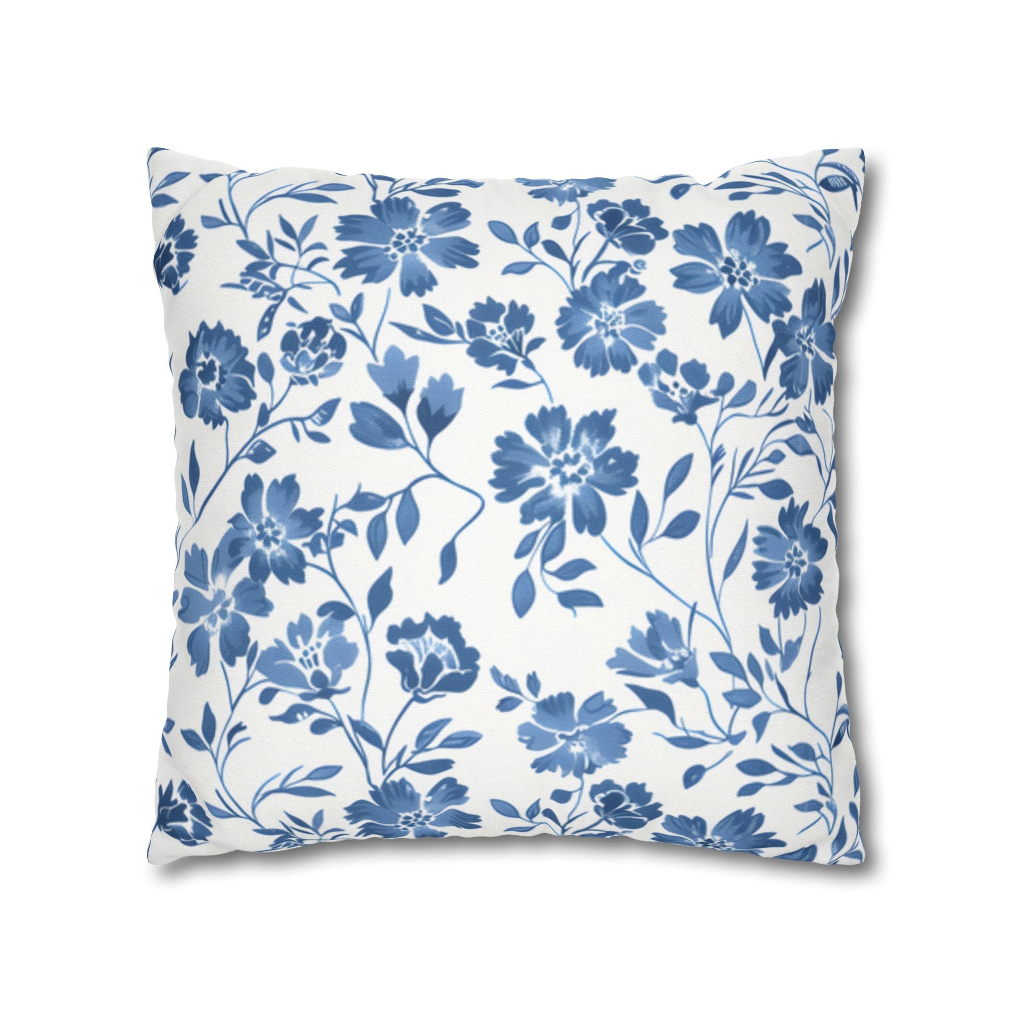 Light Blue Floral Pillowcase Spun Polyester Square Pillowcase | Blue Flower Pillow Cover