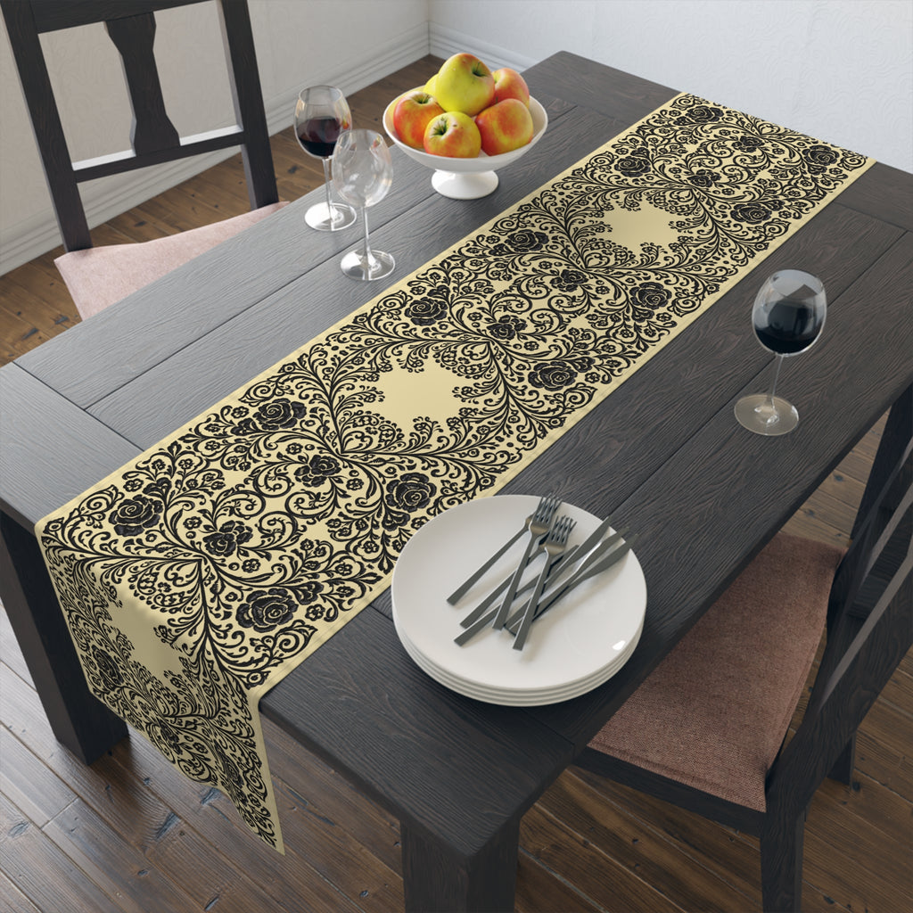 Vintage Baroque Floral Table Runner | Damask Cream & Black | BLUESKYDEZIGN
