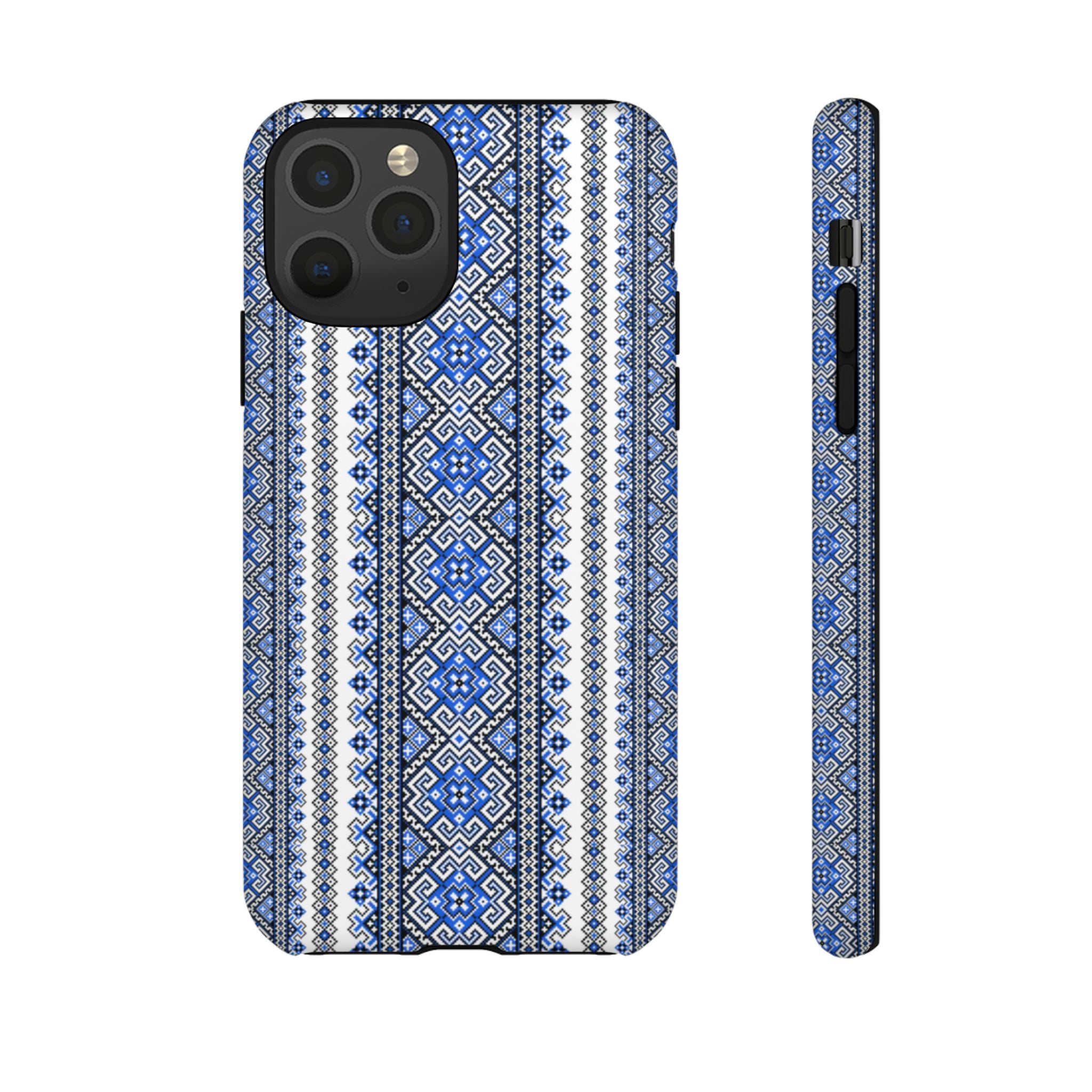 Ukrainian Pattern iPhone Case, Blue Black Geometric Folk Design, Protective Phone Cover, Traditional Ethnic Print