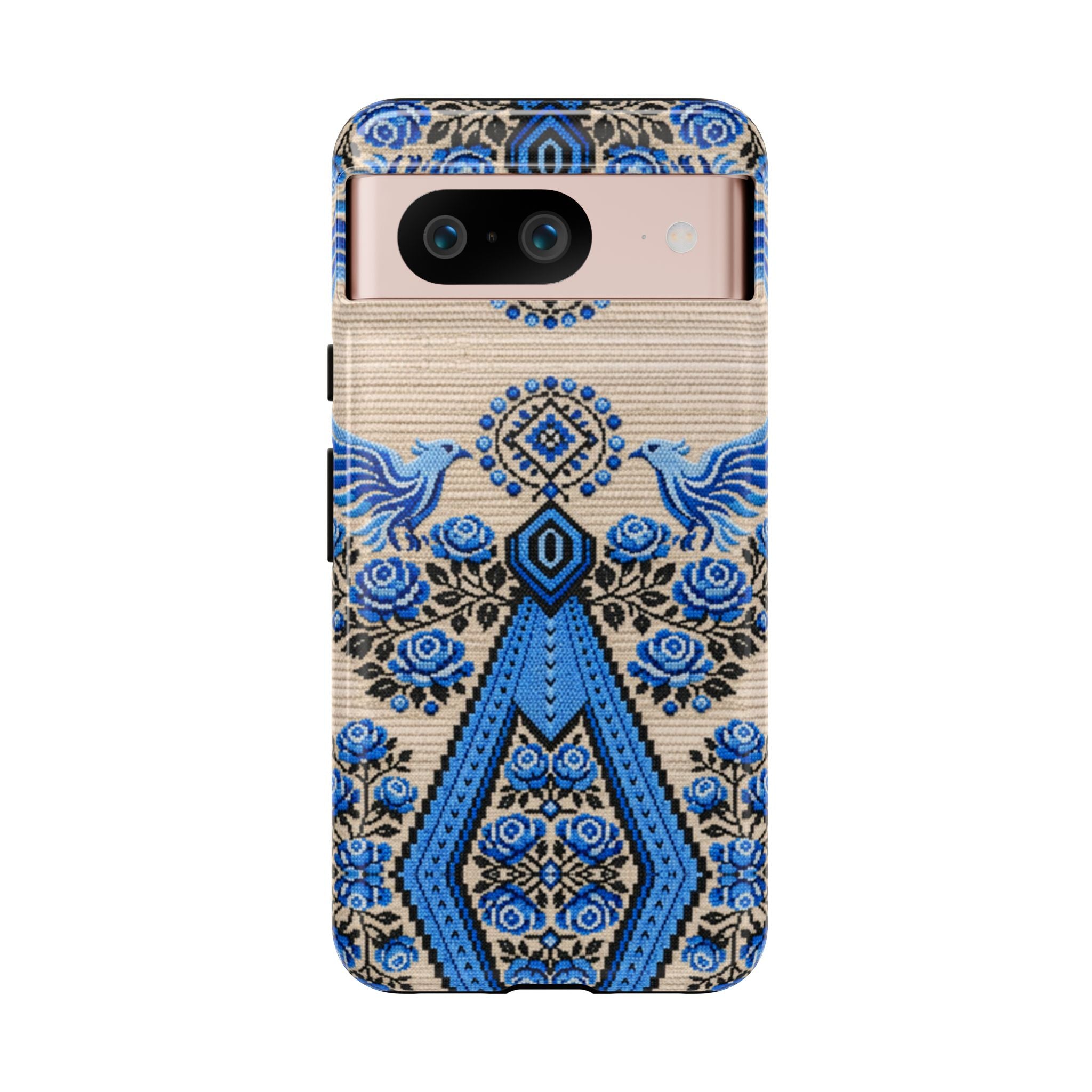 Ukrainian Phone Case  Blue Black Berehynia Design, Falcons & Roses Folk Art, Slavic Embroidery Style Protective Cover