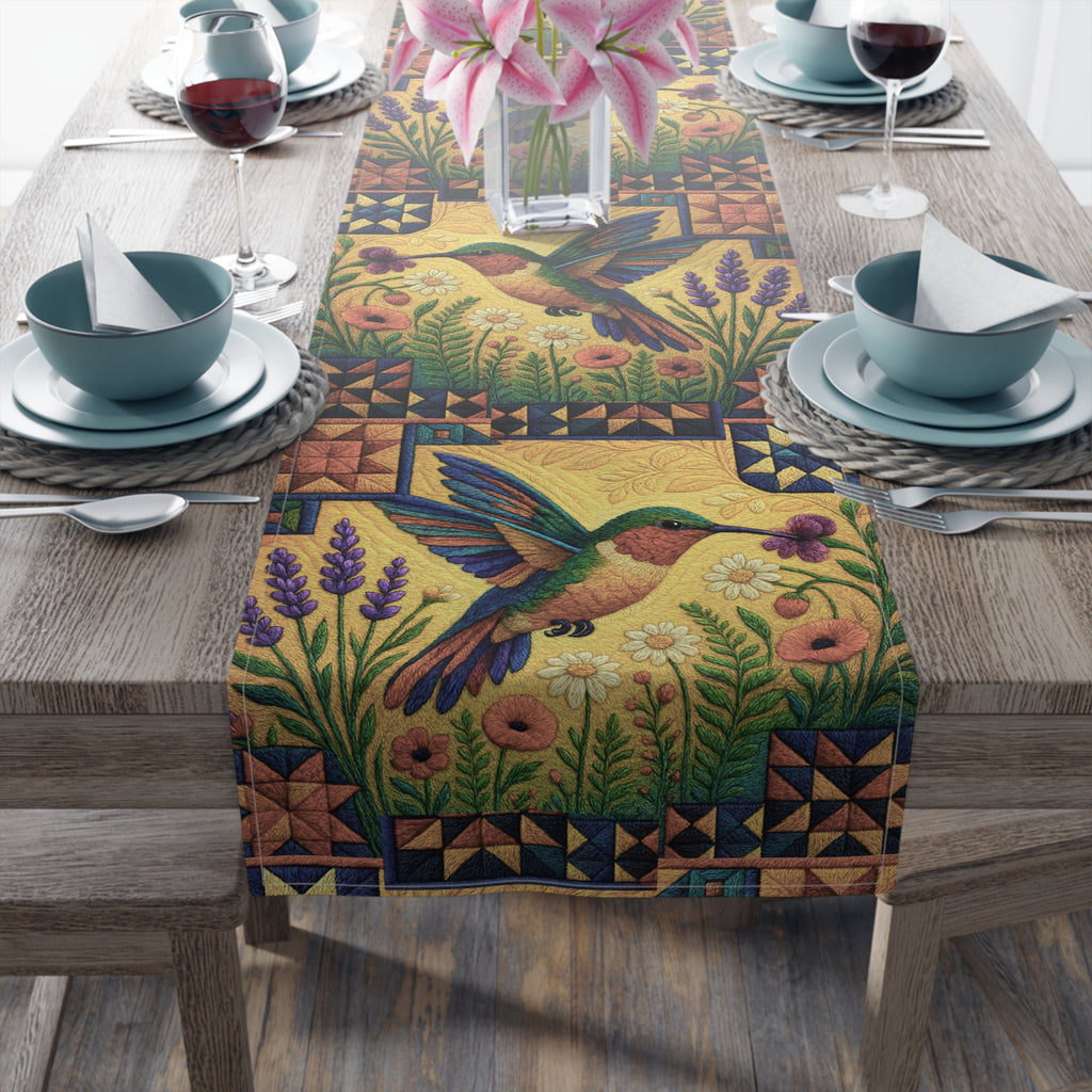 BLUESKYDEZIGN | Hummingbird Table Runner | Folk Art Floral Dining Decor | Cotton or Polyester | Farmhouse Kitchen Gift