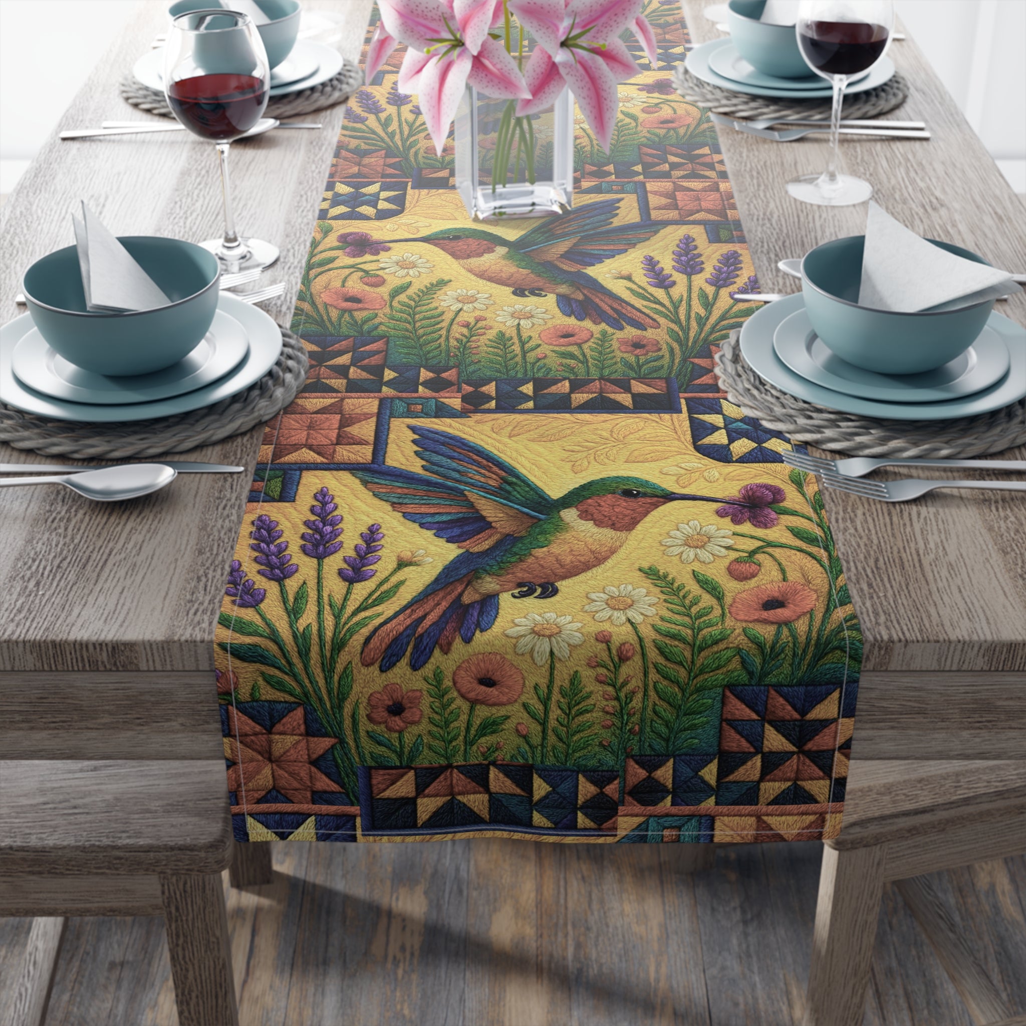 BLUESKYDEZIGN | Hummingbird Table Runner | Folk Art Floral Dining Decor | Cotton or Polyester | Farmhouse Kitchen Gift