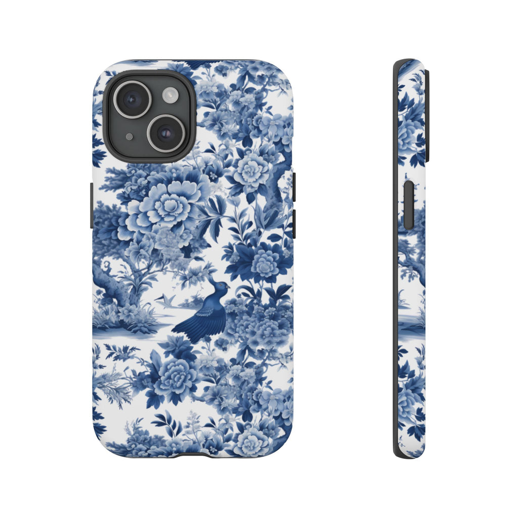 Blue Toile Floral Phone Case, Chinoiserie Style, Tough Case