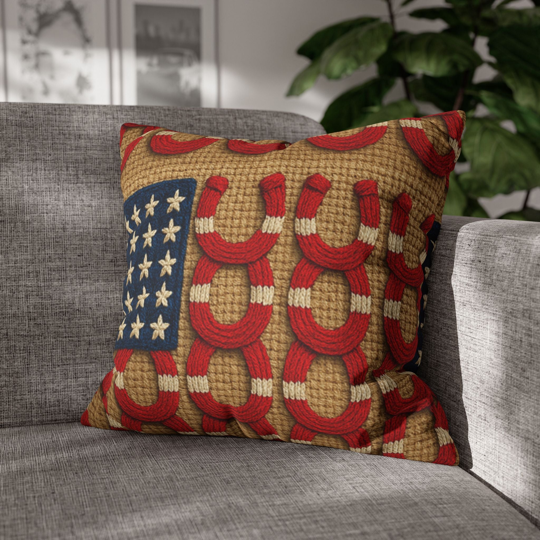 Rooted Knot Collection Americana throw pillow with red horseshoe rope pattern and US flag stars on a gray modern sofa
