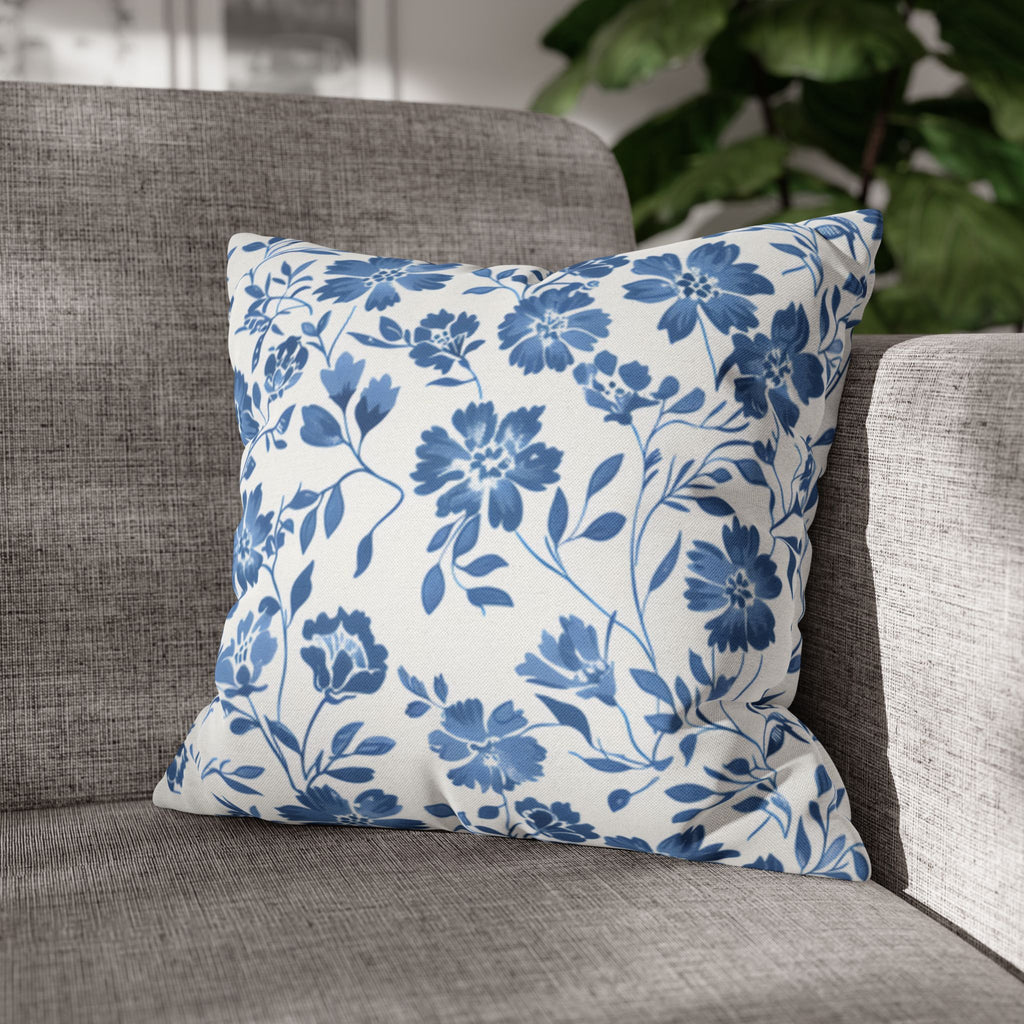 Light Blue Floral Pillowcase Spun Polyester Square Pillowcase | Blue Flower Pillow Cover