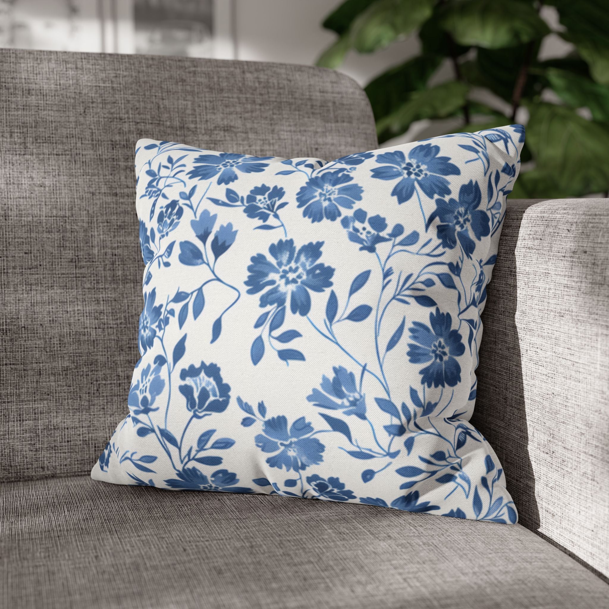 Light Blue Floral Pillowcase Spun Polyester Square Pillowcase | Blue Flower Pillow Cover