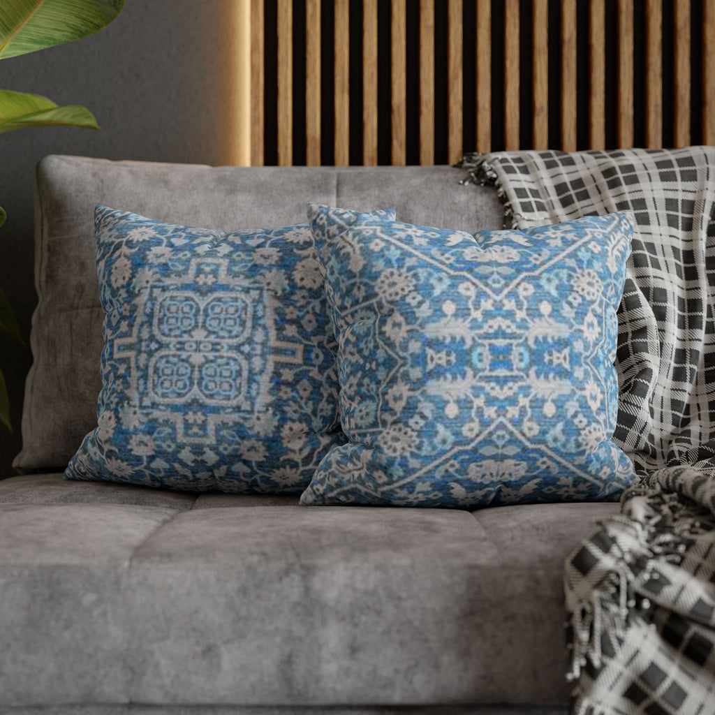 BLUESKYDEZIGN Grandmother's Heritage Pillow Cover - Blue Ikat Floral, Boho Modern Rustic Cushion
