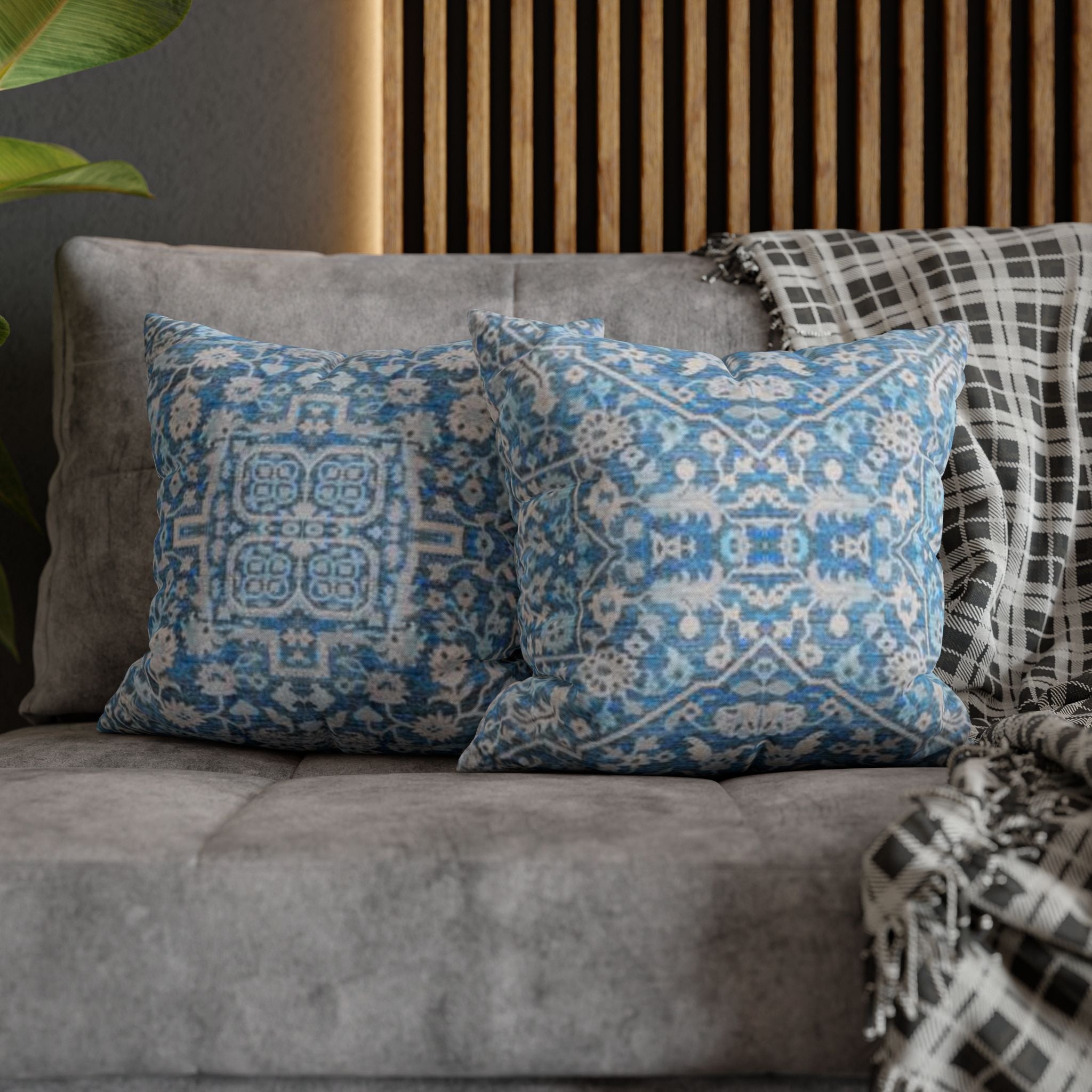 BLUESKYDEZIGN Grandmother's Heritage Pillow Cover - Blue Ikat Floral, Boho Modern Rustic Cushion