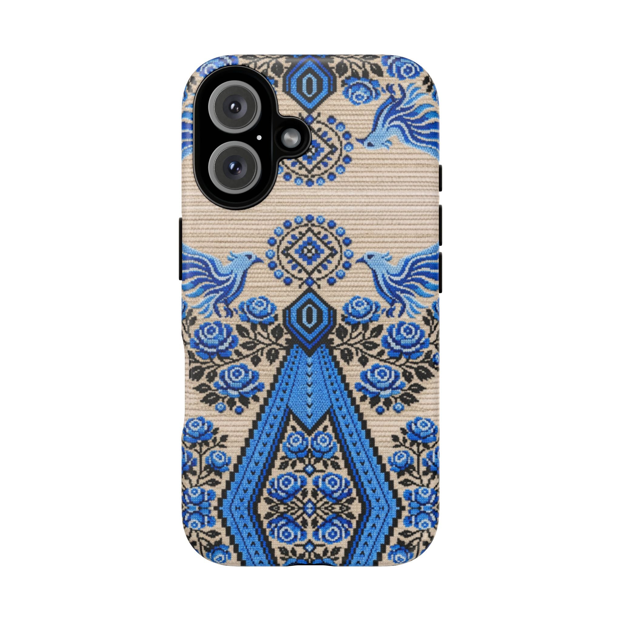 Ukrainian Phone Case  Blue Black Berehynia Design, Falcons & Roses Folk Art, Slavic Embroidery Style Protective Cover