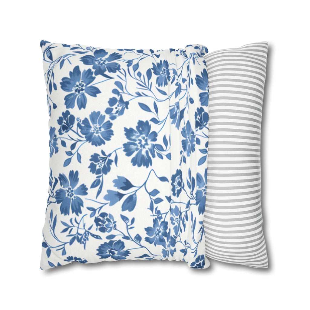 Light Blue Floral Pillowcase Spun Polyester Square Pillowcase | Blue Flower Pillow Cover