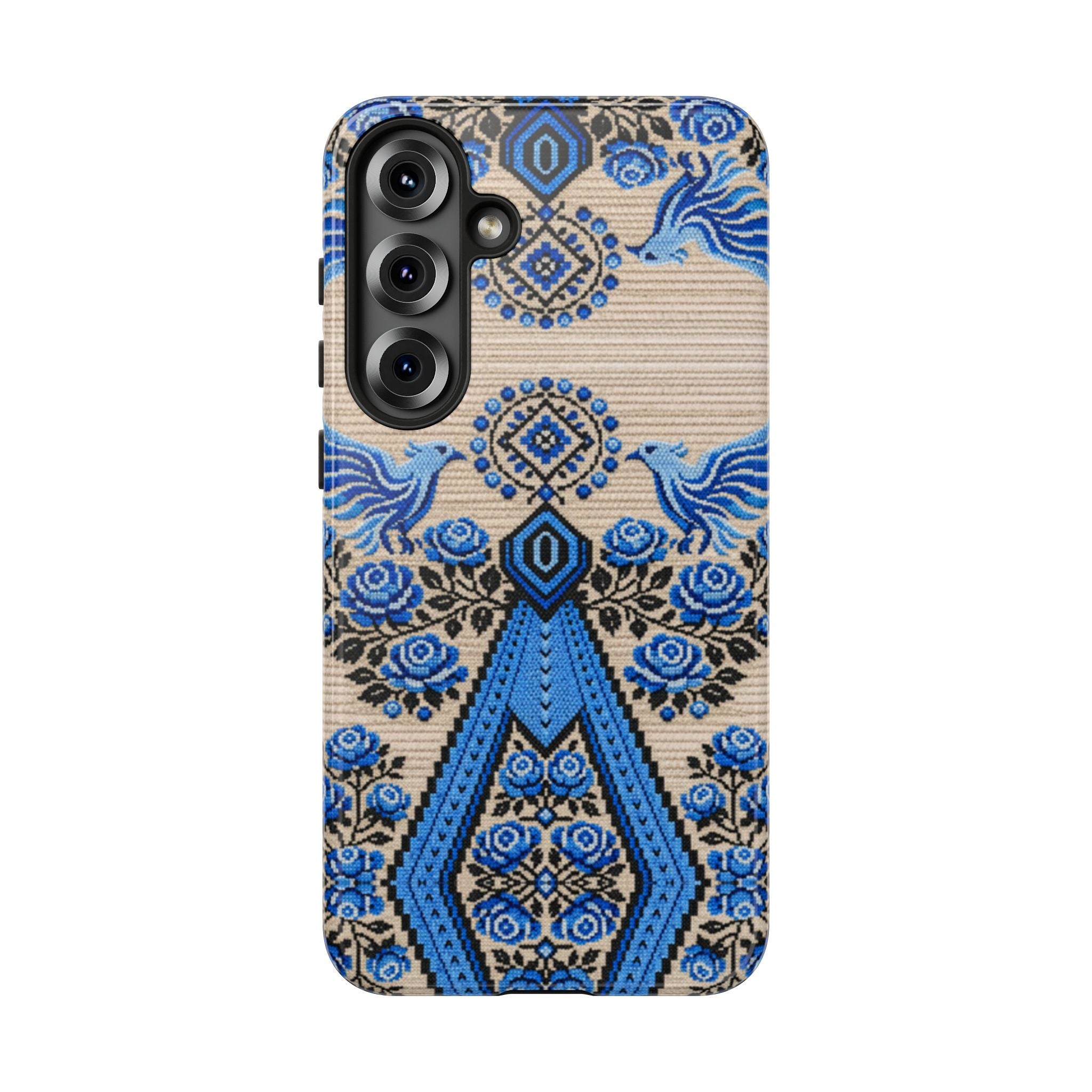 Ukrainian Phone Case  Blue Black Berehynia Design, Falcons & Roses Folk Art, Slavic Embroidery Style Protective Cover