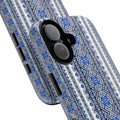 Protective iPhone case from the Stasia Blue Collection featuring a full-wrap blue and black Ukrainian folk embroidery pattern.