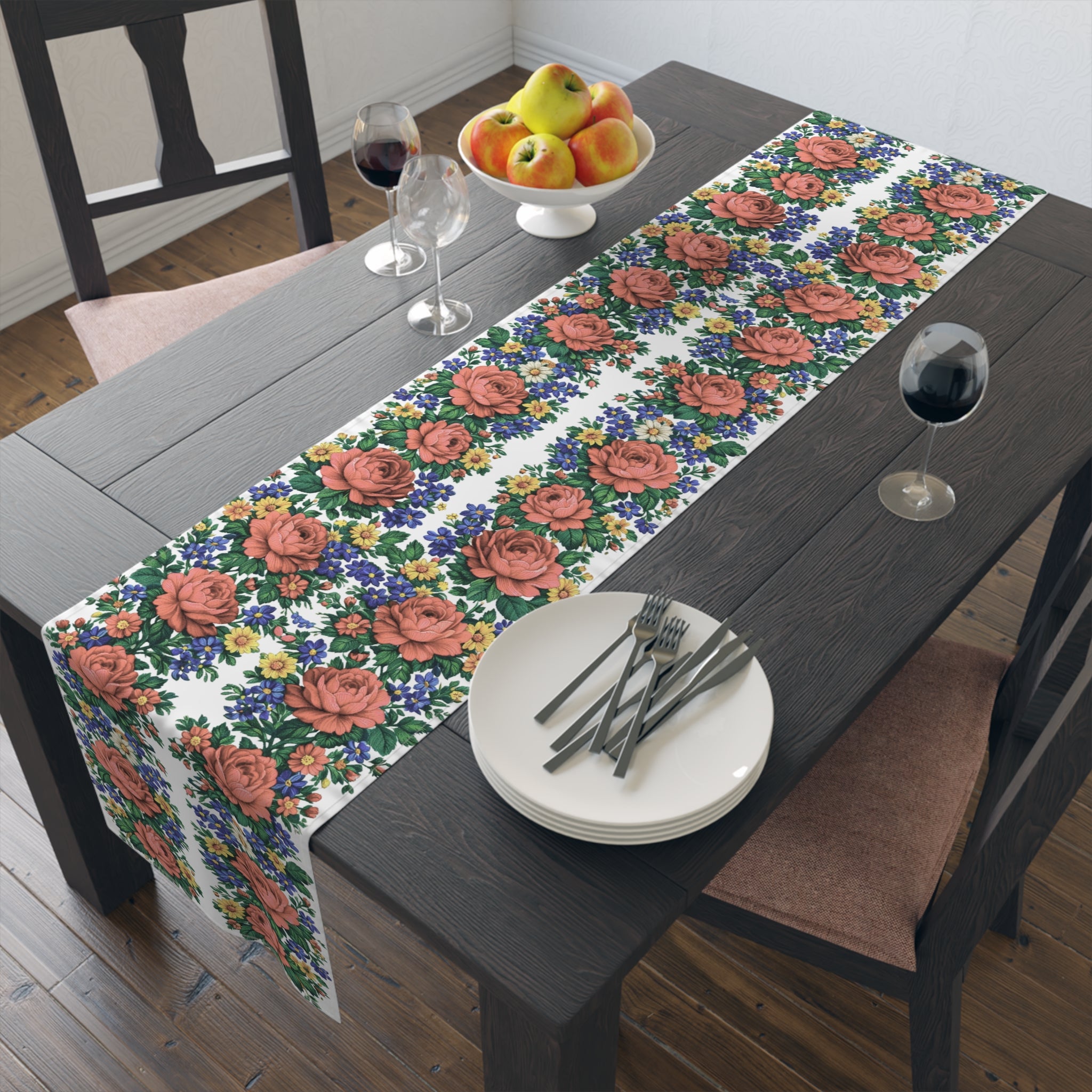 Red Rose Floral Table Runner | Cottagecore Wildflower White Decor | BLUESKYDEZIGN