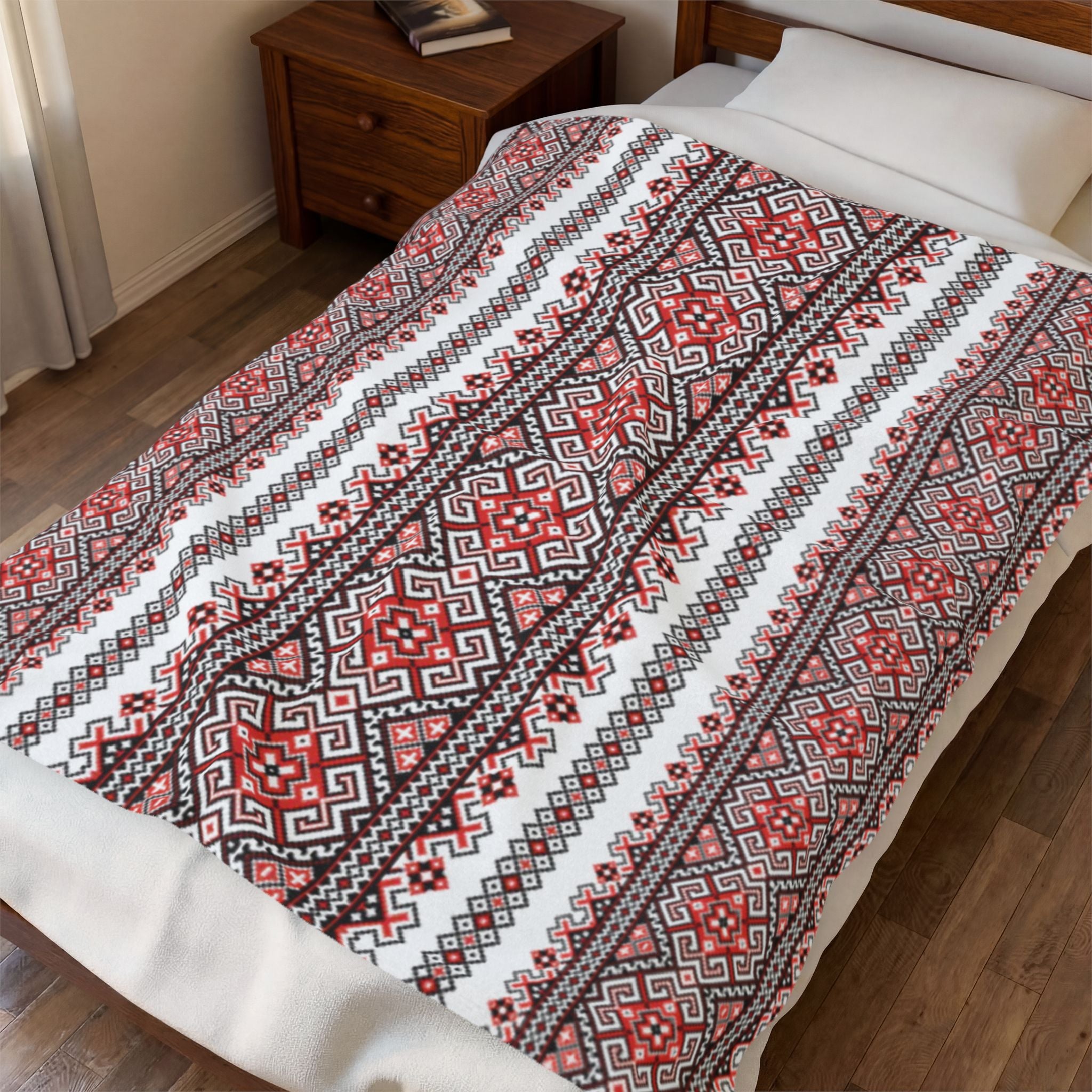Stasia Red Ukrainian Folk Art Blanket - Velvet Plush Throw, Red & Black Geometric Pattern, Slavic Heritage Gift