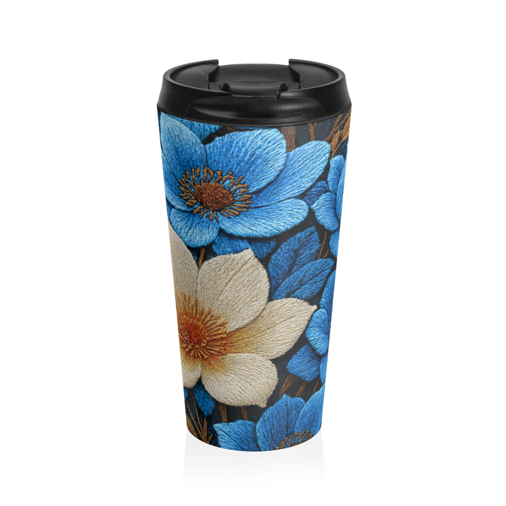 Midnight Symphony Floral Travel Mug – Navy Blue & Cream Botanical Tumbler, 15oz Insulated Coffee Cup