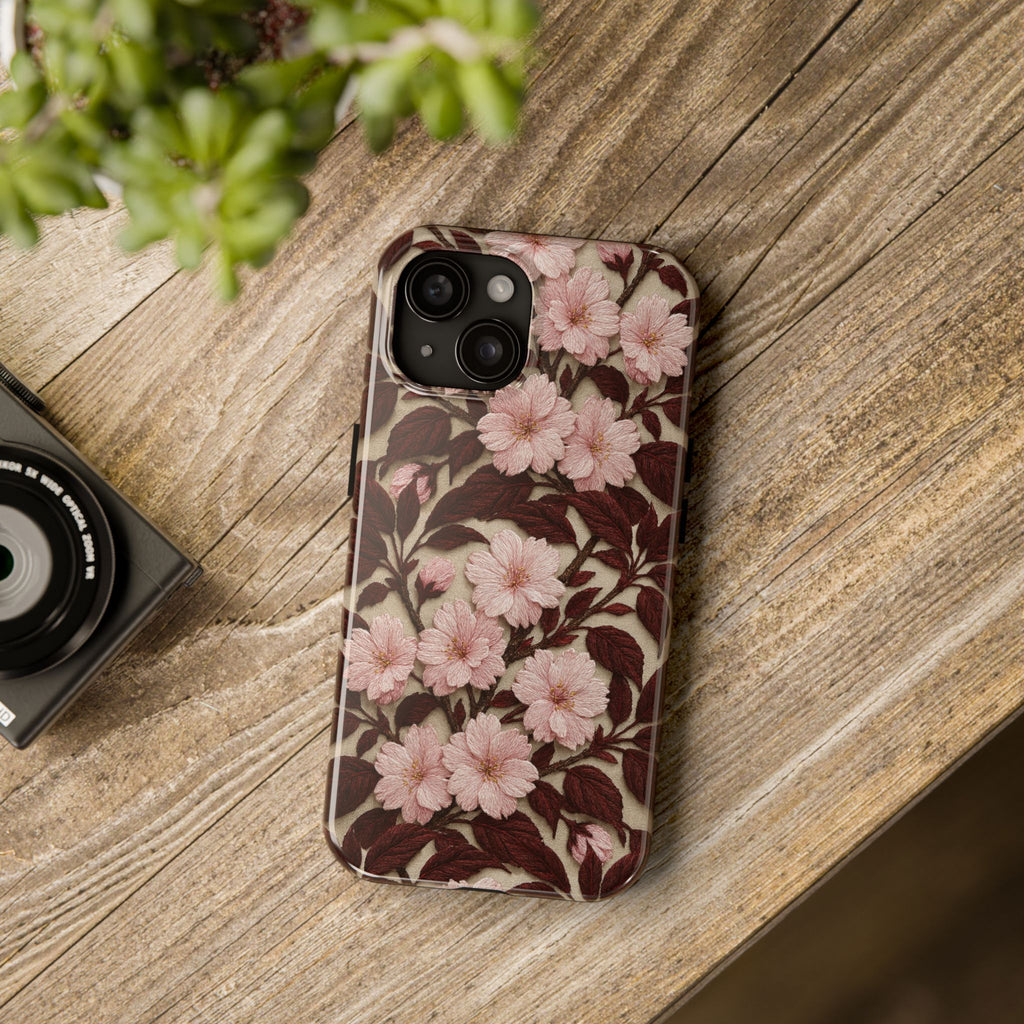 BLUESKYDEZIGN | Sakura Noir Tough Phone Case | Vintage Pink Cherry Blossom Floral iPhone Cover | Cottagecore Gift