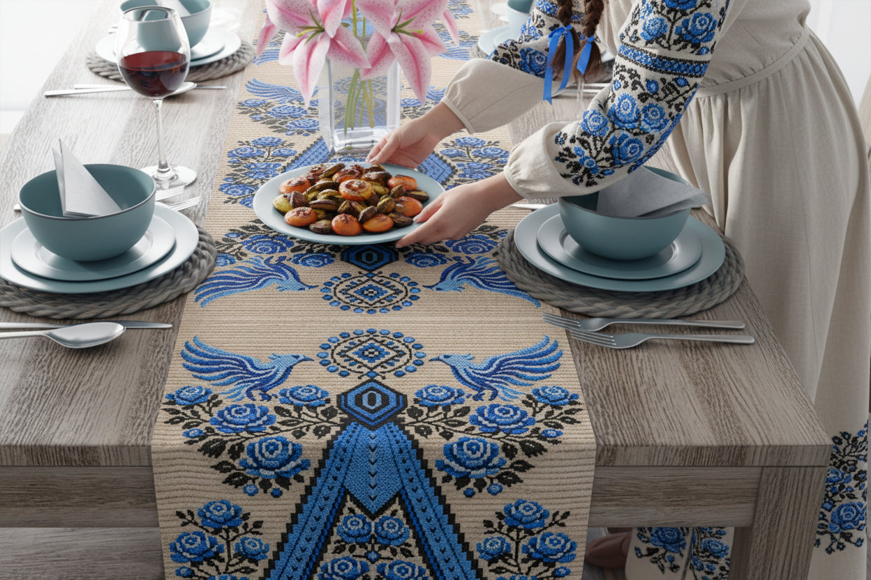 Ukrainian Berehynia table runner with blue black folk art pattern on dining table
