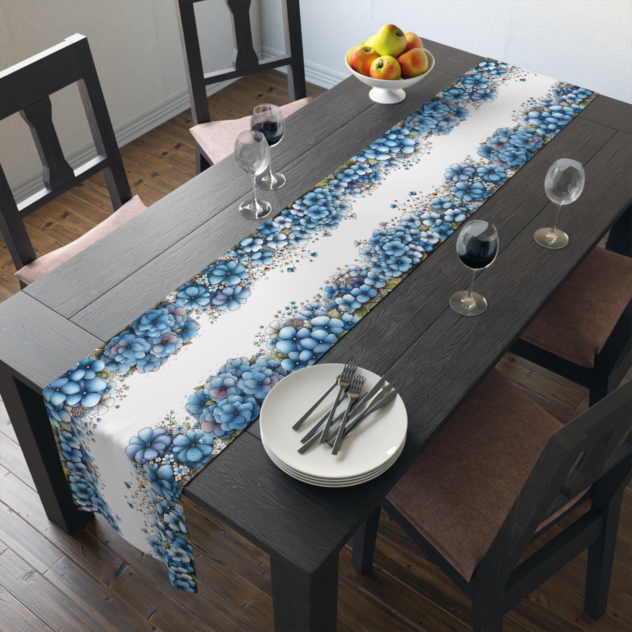 Blue Floral Table Runner, Cotton & Polyester, Spring Dining Table Decor, Elegant Blue and White Flower Runner, 2 Sizes