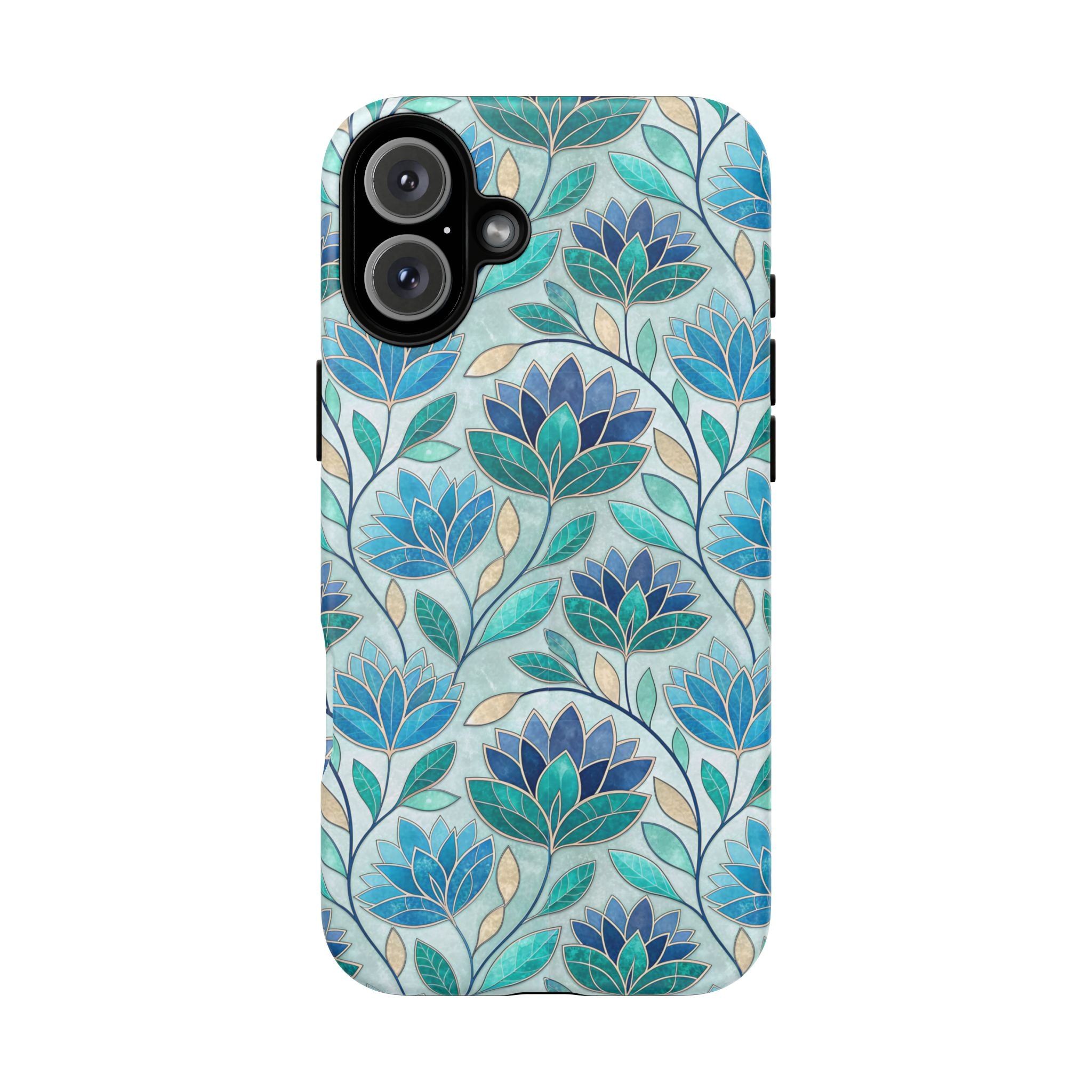Mosaic iPhone Case, Stained Glass Floral Phone Cover, Teal Blue Protective Case, Matte Glossy Options, Artistic Mosaic Pattern